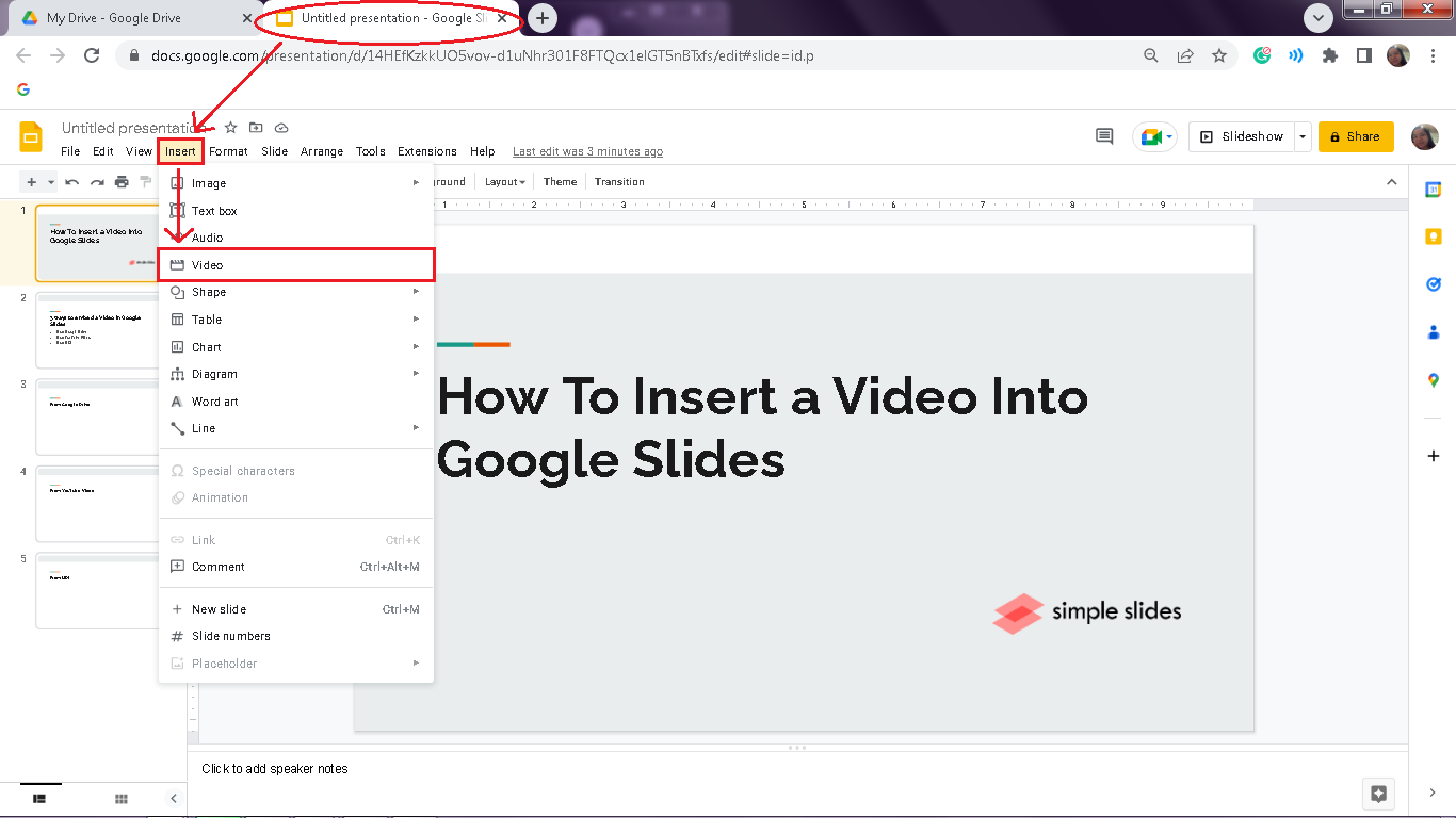Once a new tab for Google Slides will open, click "Insert" tab then select "Video" in the drop-down menu