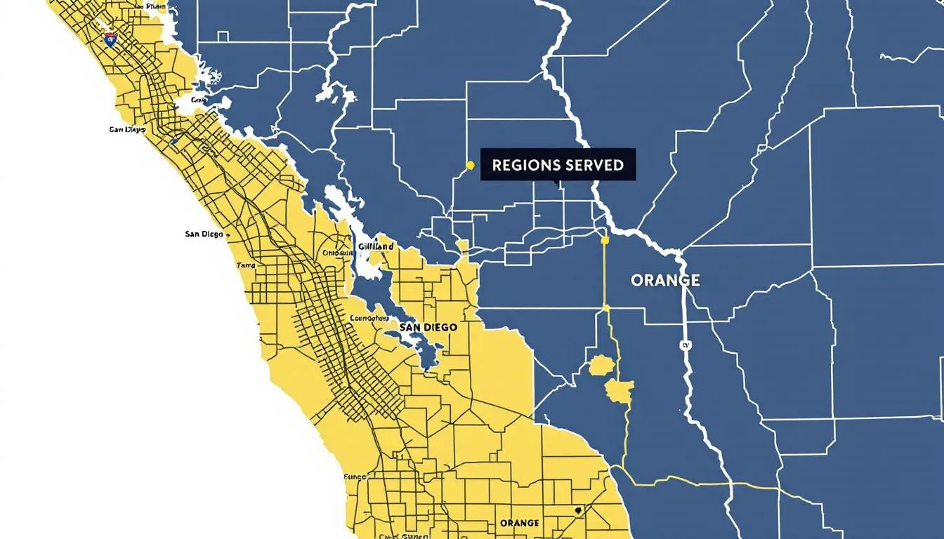 Map highlighting areas served by Gilliland Law, including San Diego and Orange Counties.