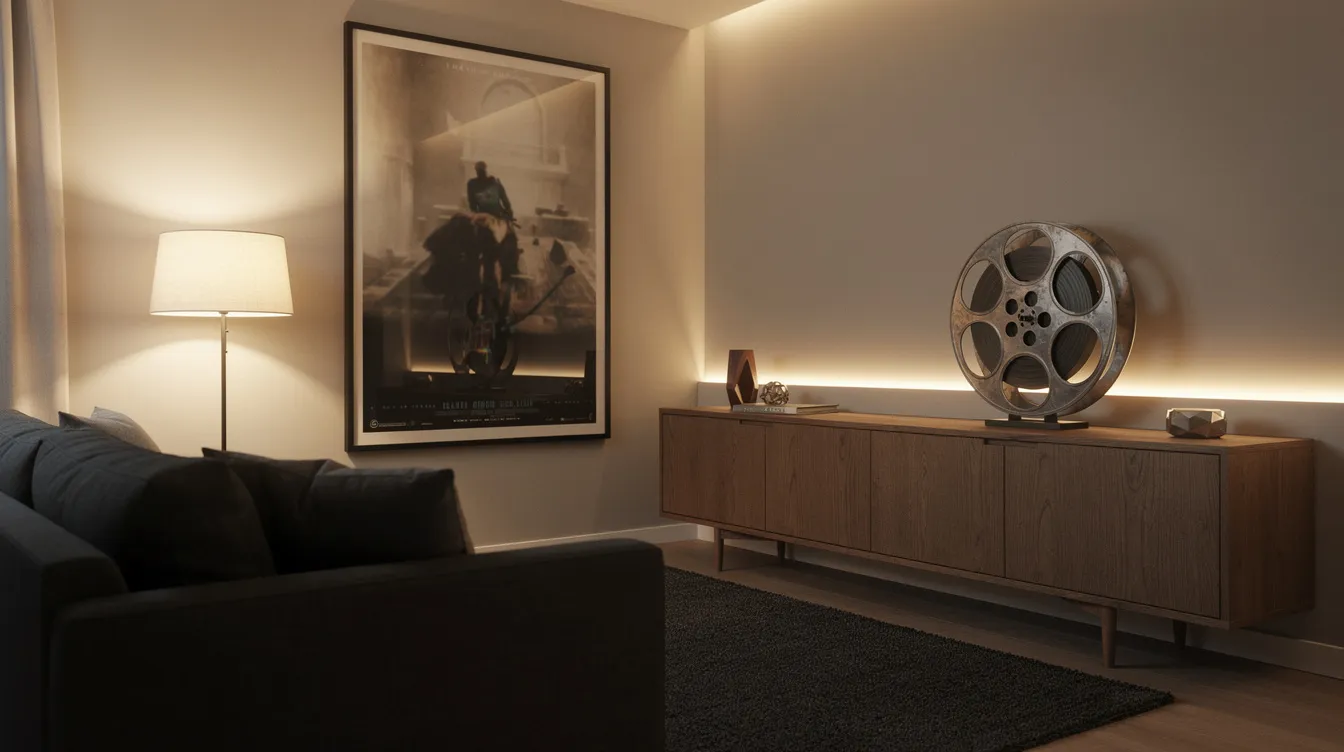 Die gemütliche Heimkino-Ecke zeigt ein dunkles Sofa vor einem großen Leinwandposter, während daneben eine dekorative große Filmrolle aus Metall auf einem Holz-Sideboard platziert ist. Die warme Beleuchtung schafft eine einladende Atmosphäre für Filmabende.