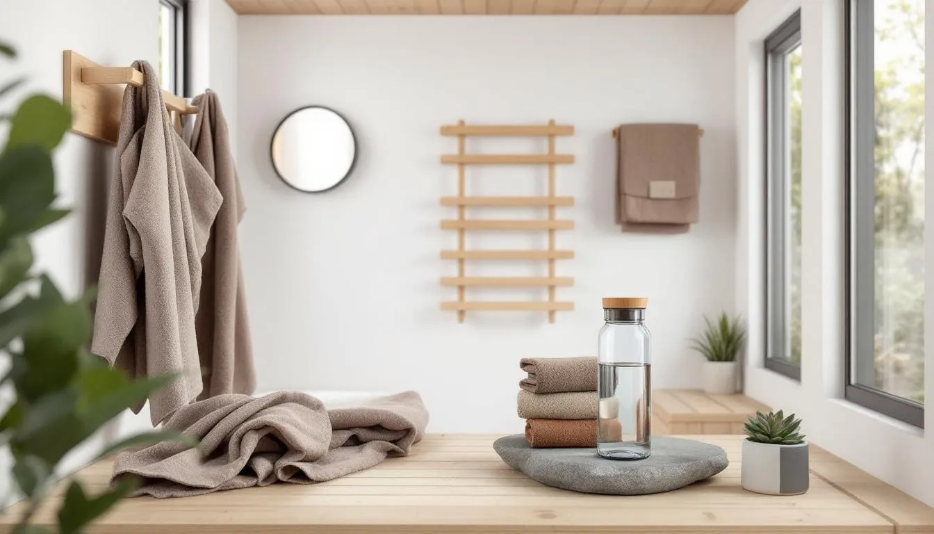 Sustainable sauna accessories displayed in a modern sauna setting.