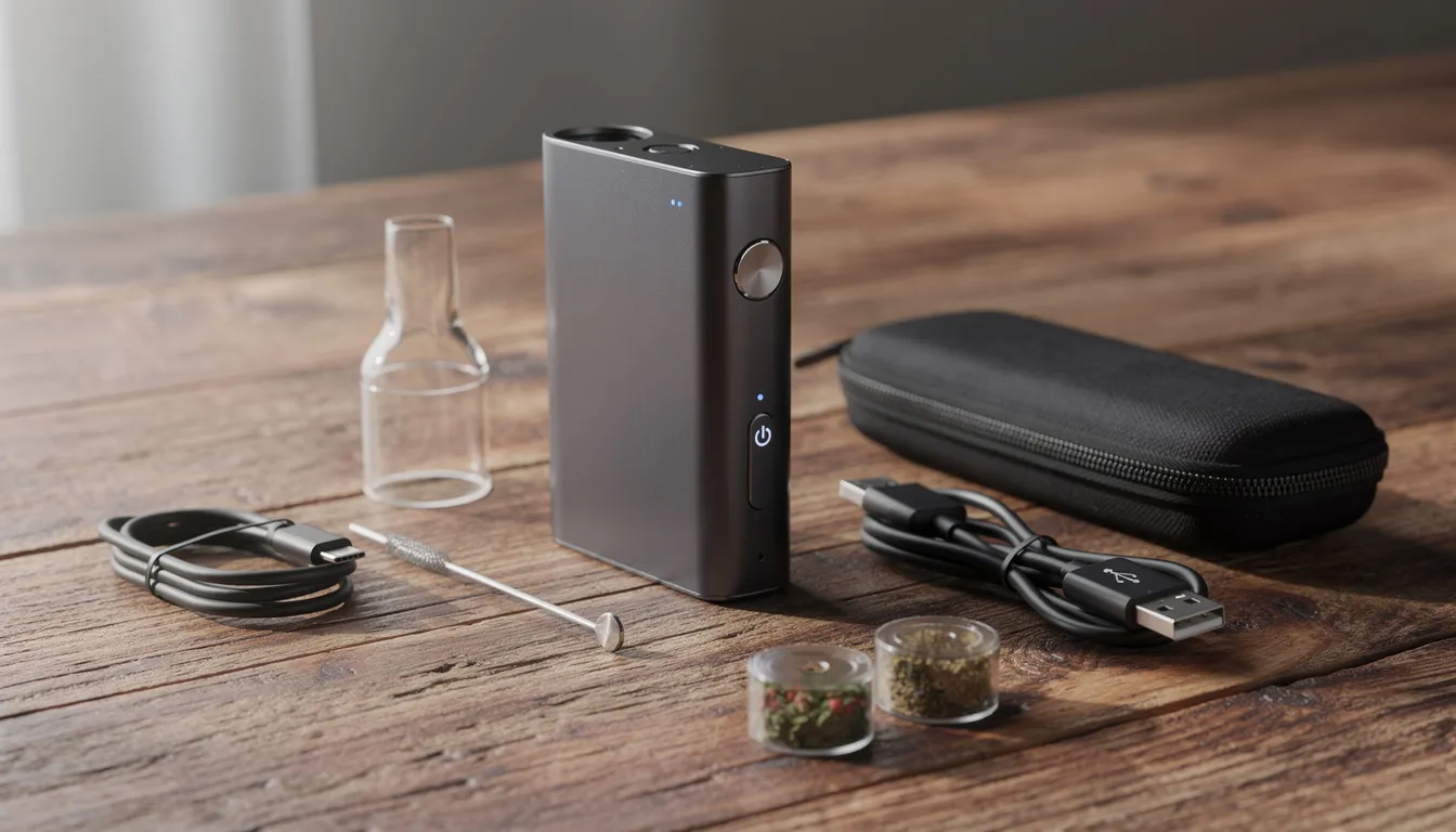 Das Bild zeigt einen tragbaren Fenix Pro Vaporizer zusammen mit Zubehör auf einer Holzoberfläche. Der Vaporizer ist elegant gestaltet und umgeben von einem USB-C-Kabel und einem Glasmundstück, ideal für Outdoor-Abenteurer, die Wert auf Komfort und Dampfentwicklung legen.