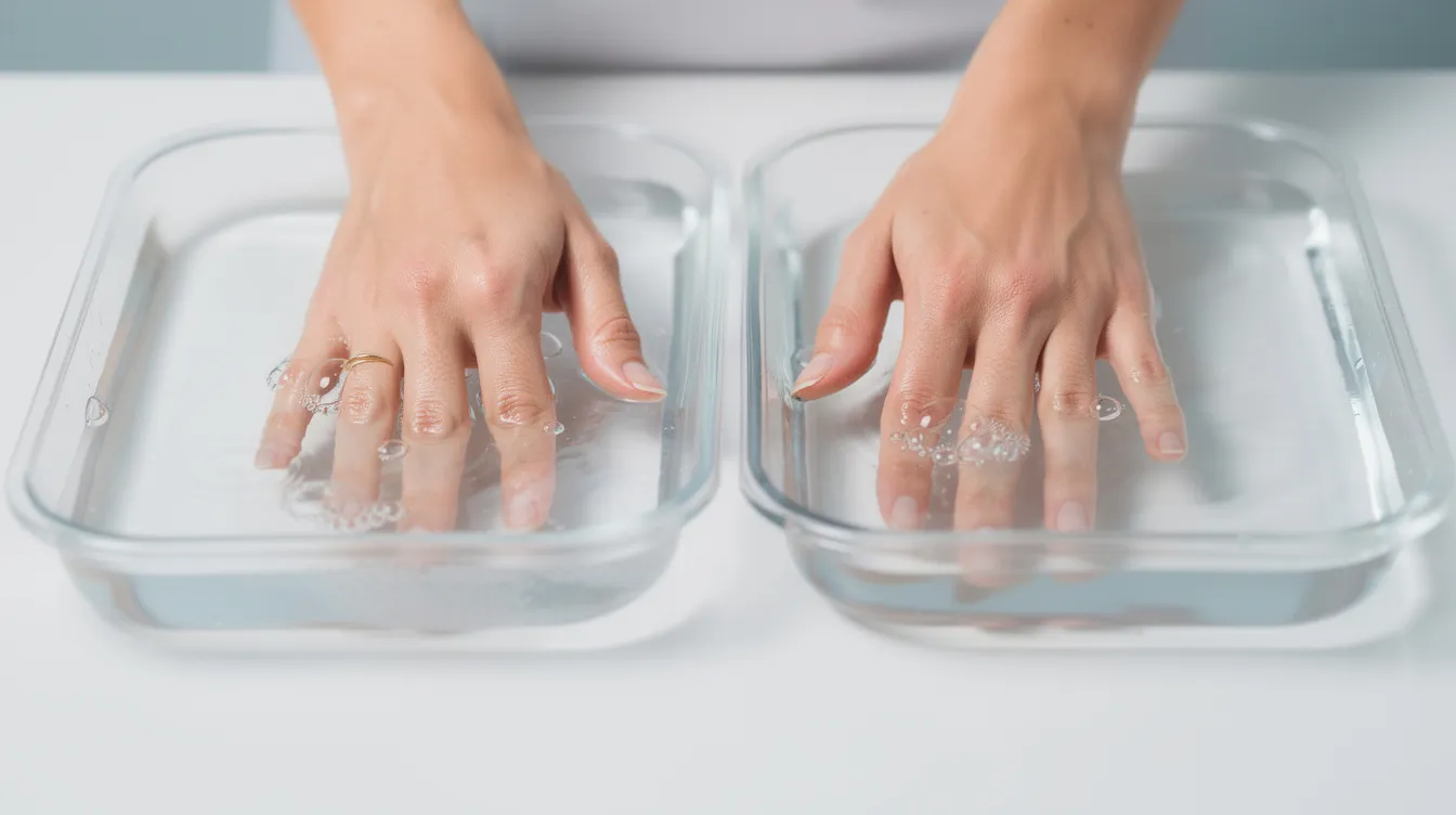 A close-up image shows hands resting comfortably in water-filled treatment trays, typically used for iontophoresis treatment to help treat excessive sweating. The water may contain plain tap water or baking soda, and the treatment aims to reduce sweat production in conditions like palmar and axillary hyperhidrosis.