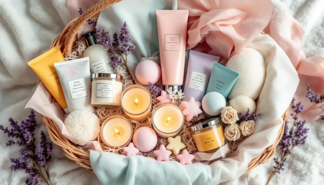 A beautifully arranged spa-themed DIY gift basket made of a wicker basket, filled with scented candles, bath bombs, lotions, and loofahs, all nestled in tissue paper and surrounded by flower petals, perfect for creating memorable homemade gift baskets. This stunning gift basket is ideal for anyone looking to pamper a loved one.