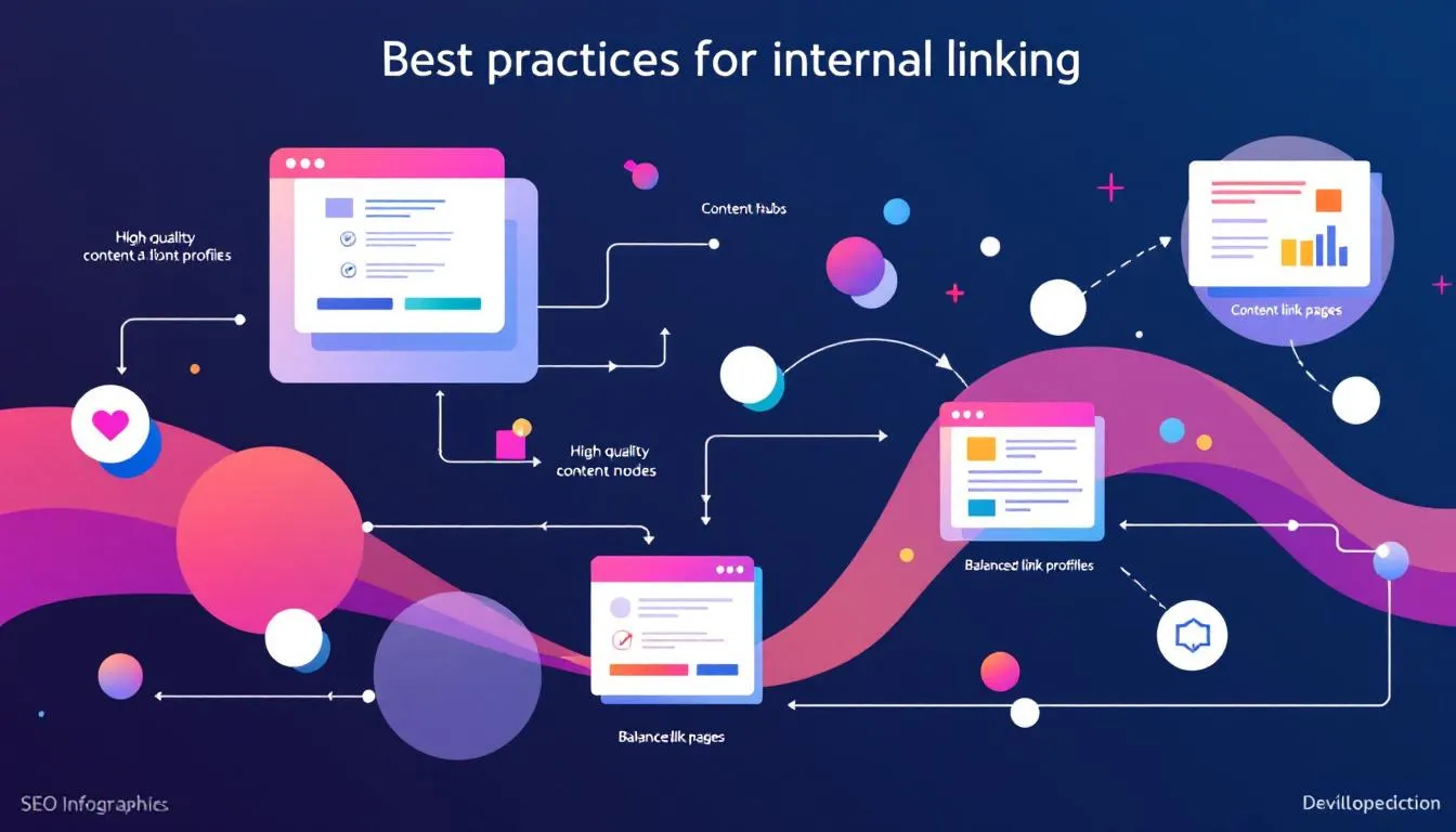 A visual guide on best practices for internal linking, highlighting high-quality content and balanced link profiles.