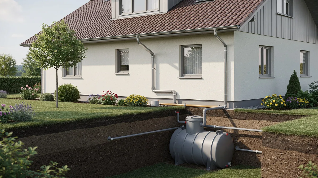 L'image montre une cuve de récupération d'eau de pluie enterrée dans un jardin, reliée à un système de gouttières d'une maison individuelle. Cette installation pratique permet de récupérer l'eau de pluie pour l'arrosage du jardin et d'autres usages domestiques.
