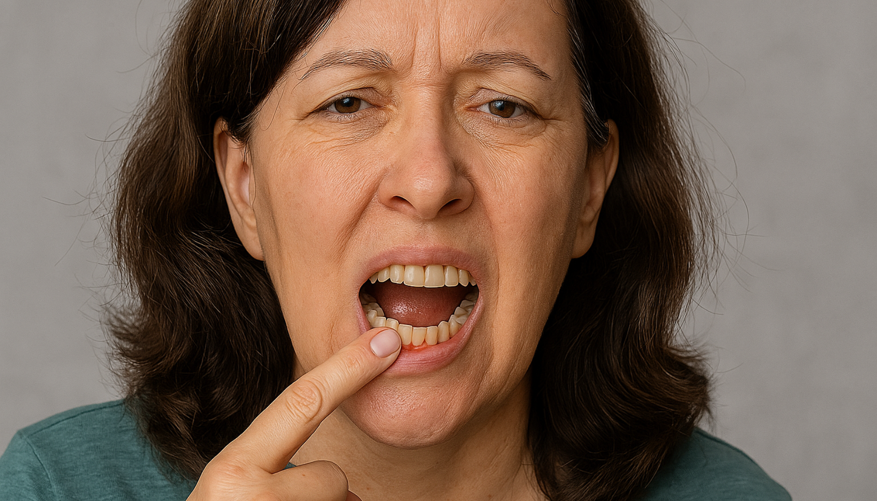 Kvinne peker på betente tannkjøtt med rødhet og hevelse, viser symptomer på arvelig tannkjøttsykdom i munnen.