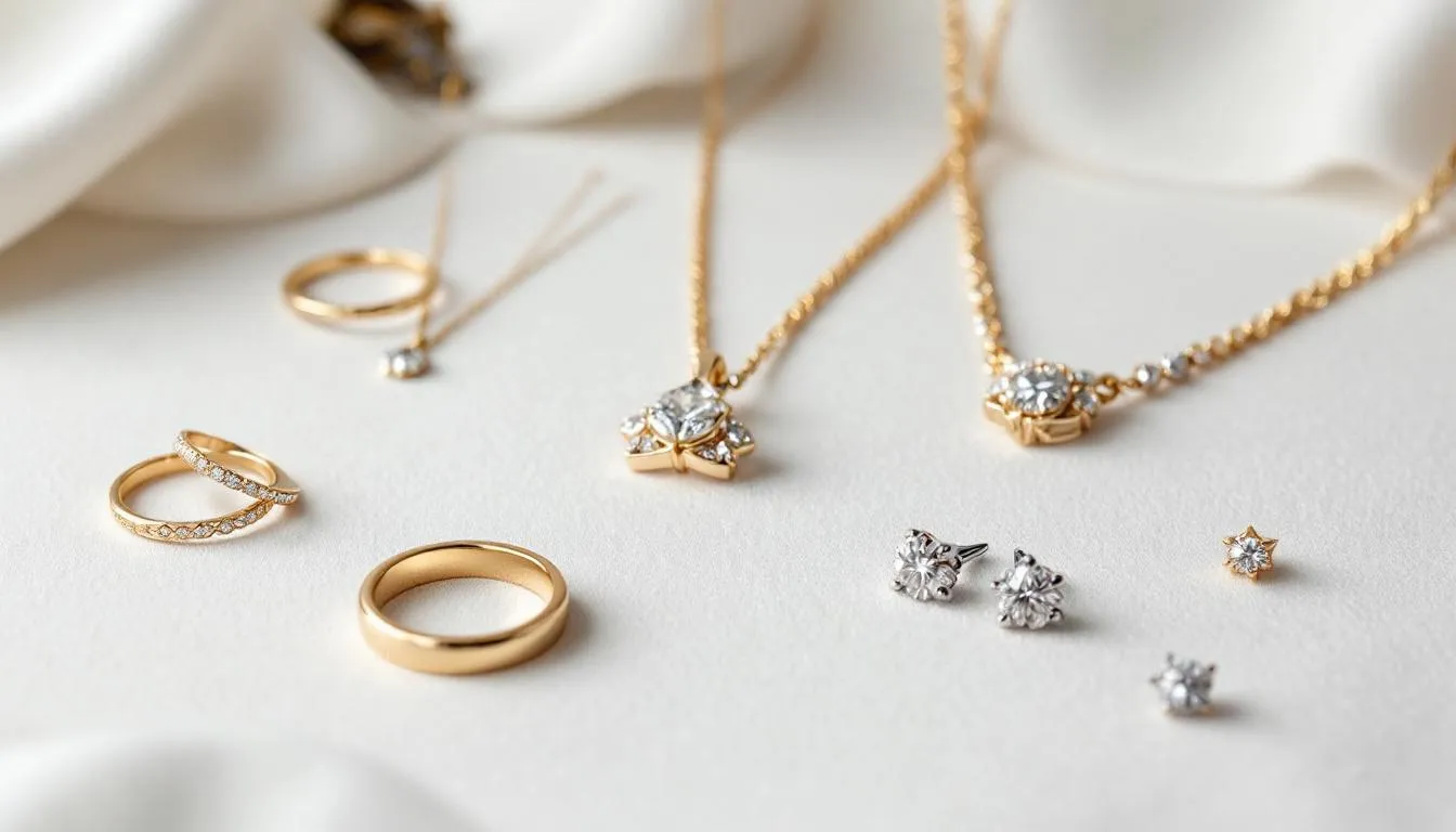 A collection of various fine jewelry pieces, including rings, necklaces, and earrings, is neatly arranged for jewelry appraisal. These items, reflecting different styles and materials, are prepared for evaluation to determine their value and quality for insurance purposes.