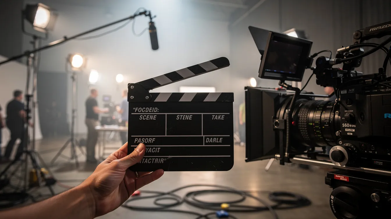 Eine Filmklappe wird vor einer Kameralinse gehalten, während im Hintergrund ein Filmset mit Scheinwerfern und verschiedenen Mikrofonen sichtbar ist. Die Szene vermittelt die Atmosphäre von Videoaufnahmen, in der Ton und Bild in perfekter Qualität zusammenkommen.