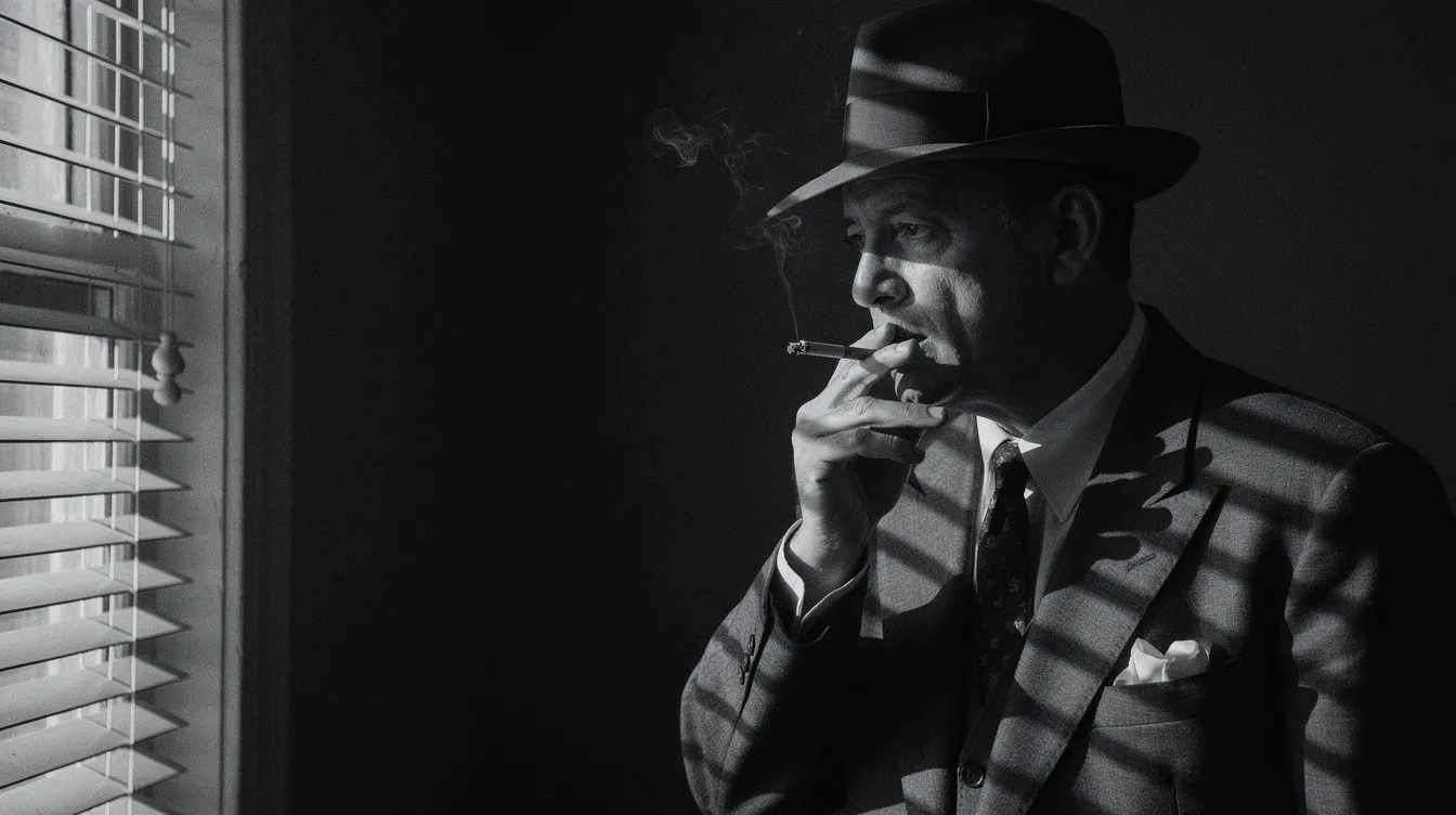 Die dramatische Schwarz-Weiß-Aufnahme zeigt einen Mann in einem Anzug und Fedora-Hut, der eine Zigarette hält und durch ein Fenster mit Jalousien-Schatten blickt. Der dunkle Hintergrund und der starke Kontrast verleihen der Szene eine typische Film-Noir-Atmosphäre, die an Klassiker wie "Der Malteser Falke" erinnert.