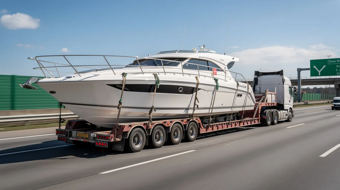 A large powerboat is secured on a specialized transport trailer, driving along a highway, showcasing the boat transport process. The trailer is designed to accommodate larger boats, ensuring safe and efficient boat transportation to its destination.