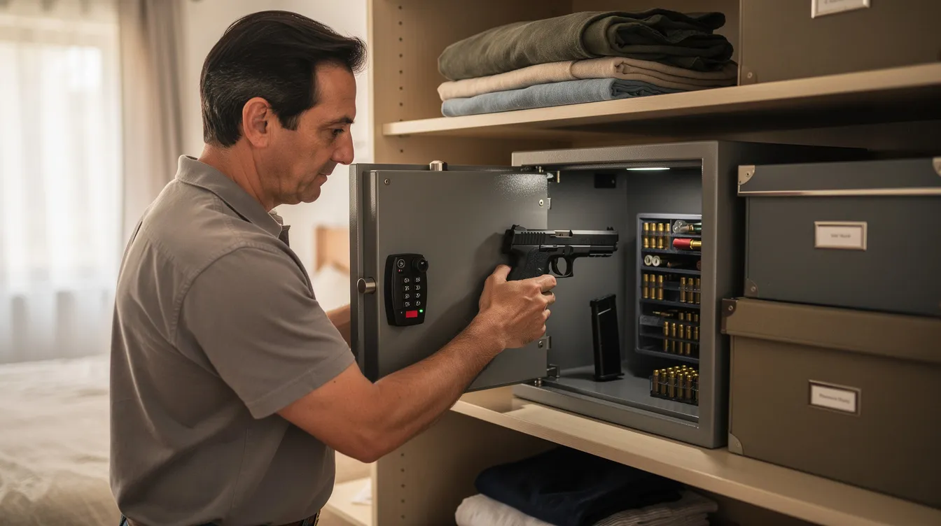 The image depicts a responsible gun owner carefully securing a handgun in a safe at home, emphasizing the importance of gun safety and compliance with state and federal law. This practice aligns with the principles of responsible gun ownership and reflects the standards set by gun safety advocates.