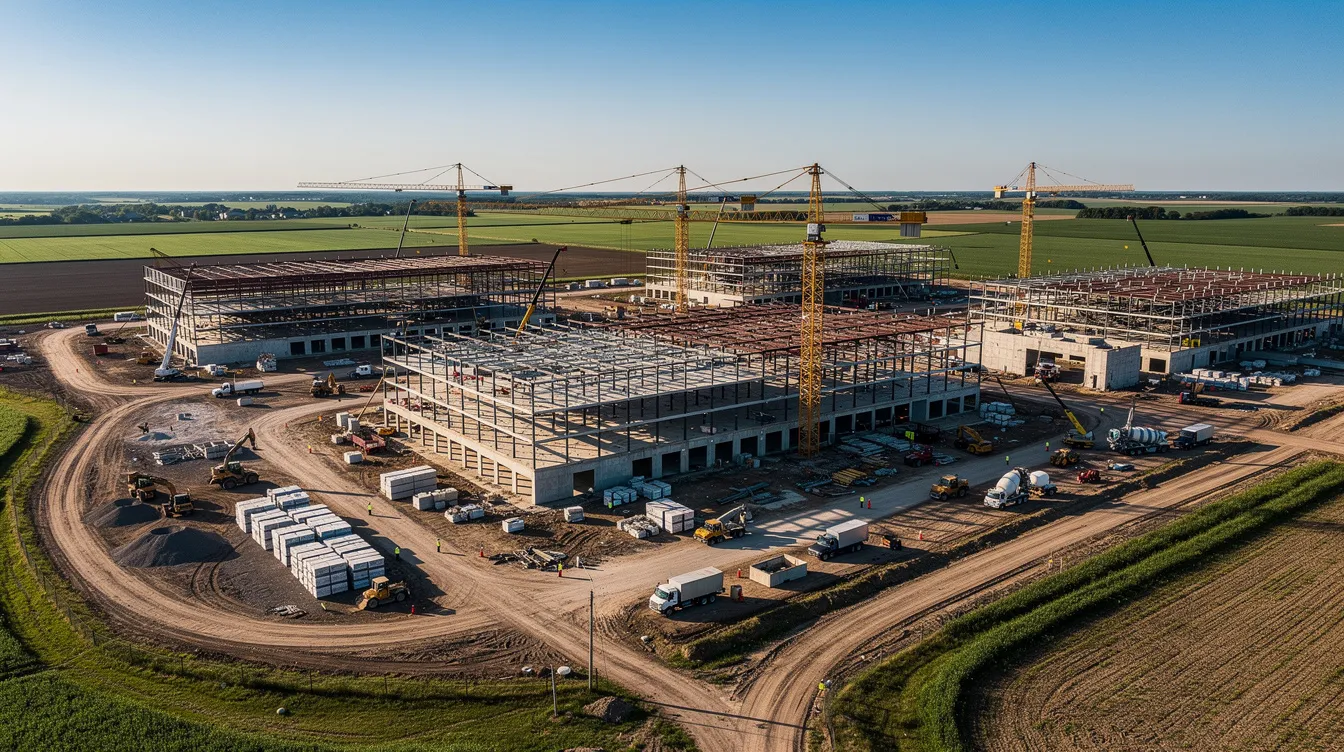 An aerial view captures a bustling construction site in the Midwest, featuring multiple buildings under development, with cranes and heavy equipment scattered throughout. This scene highlights the dynamic nature of the construction industry, showcasing the teamwork and leadership skills of project managers and construction professionals working towards project success.