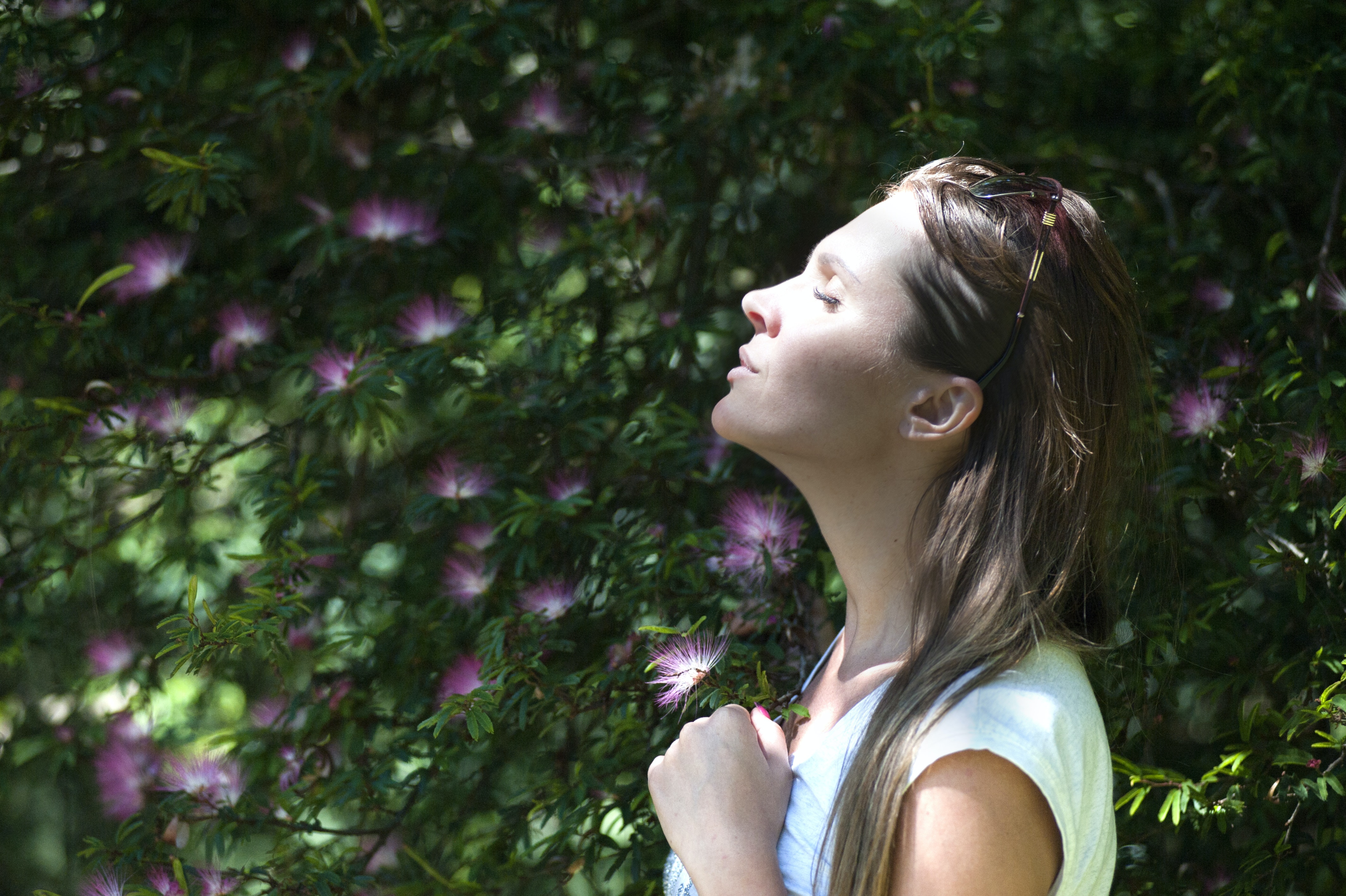 Photo by Oleksandr Pidvalnyi: https://www.pexels.com/photo/woman-closing-her-eyes-against-sun-light-standing-near-purple-petaled-flower-plant-321576/