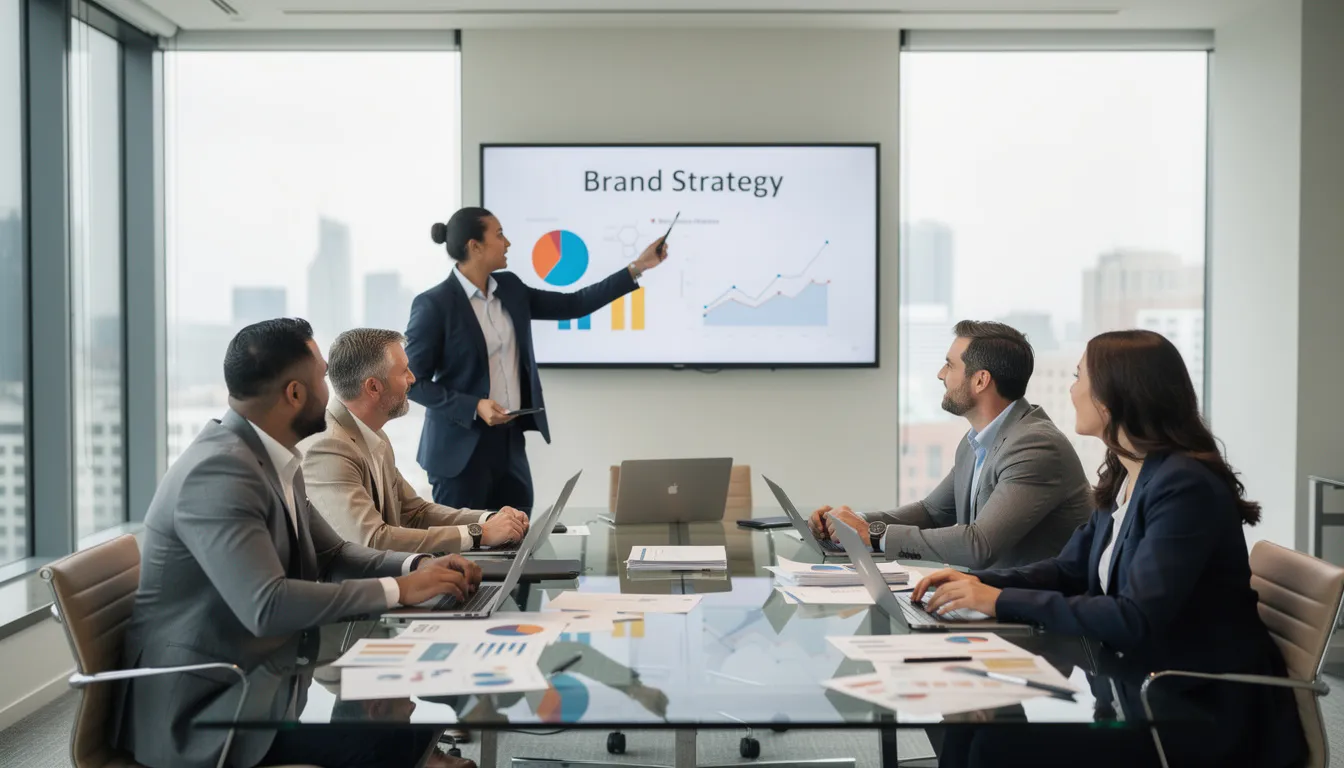 A diverse professional team is engaged in a discussion about brand strategy around a sleek conference table, highlighting their focus on digital marketing services and search engine optimization to enhance their firm's online visibility and attract potential clients. The atmosphere is collaborative, emphasizing the importance of data-driven decisions in developing effective marketing channels.