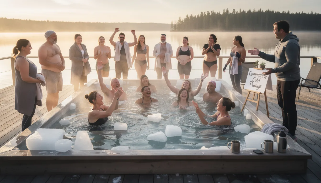 A diverse group of people is gathered around cold plunge tubs, engaging in a community cold plunge session, enjoying the benefits of cold therapy and cold immersion. This scene highlights the wellness trend of cold exposure, where participants experience improved circulation and stress relief while debunking common cold plunge myths.