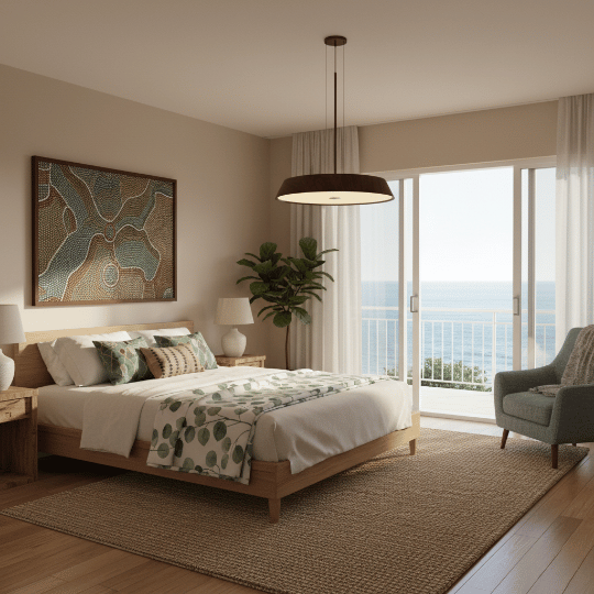 Bedroom lighting ideas featuring a wide drum pendant light over the bed for soft, even ambient glow.