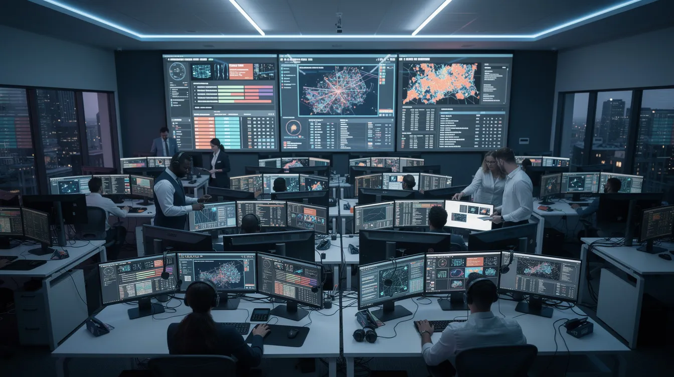 The image depicts a modern security operations center where human analysts are intently monitoring multiple screens filled with security dashboards and real-time alert feeds. This setup highlights the integration of AI SOC tools and specialized agents, emphasizing the importance of security operations and alert triage in threat detection and incident response.