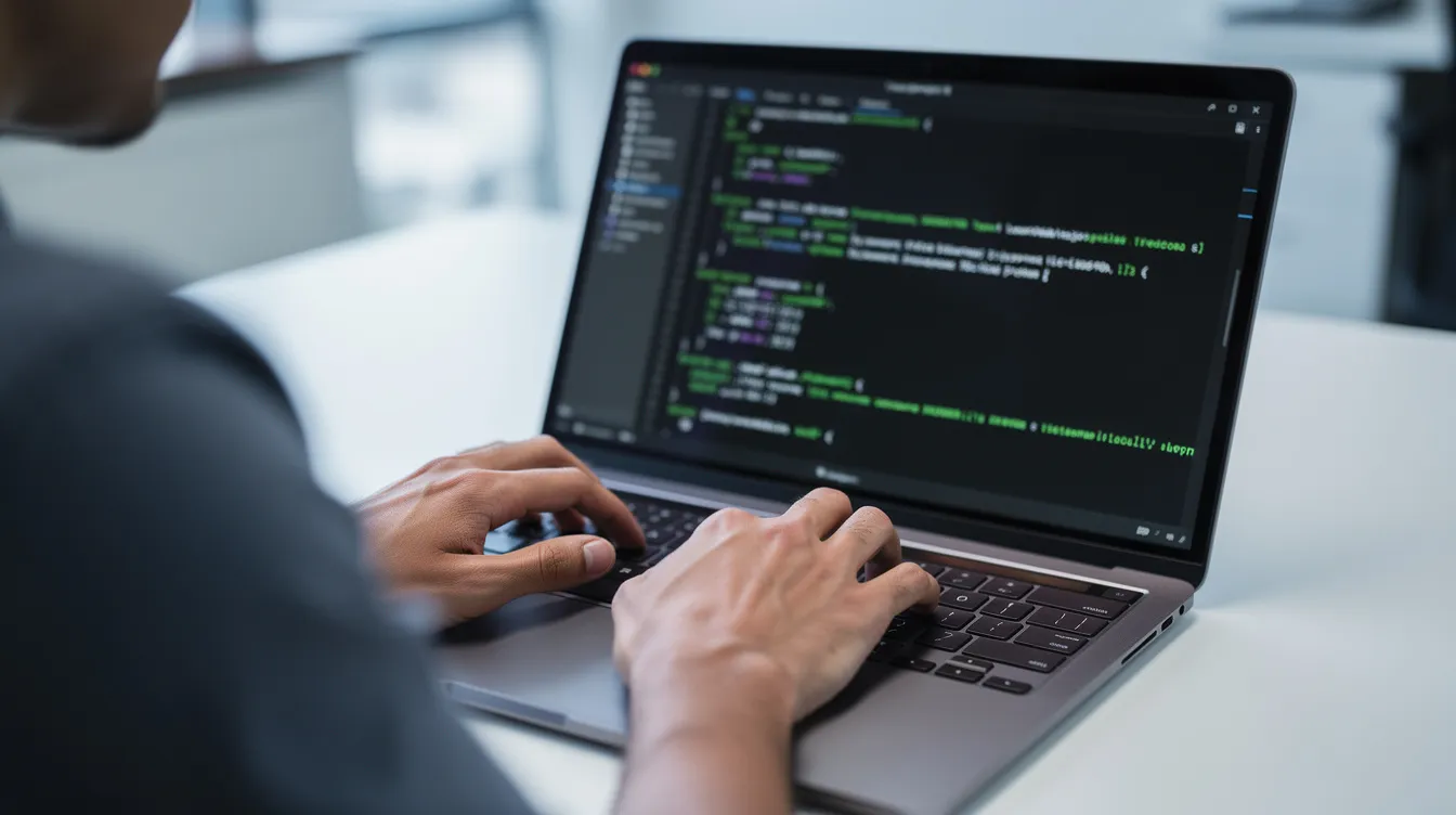 A close-up view of hands typing on a laptop, showcasing a terminal window with a command line interface visible on the screen, illustrating the practical skills and technical knowledge essential for cybersecurity professionals. This image reflects the hands-on experience needed to navigate operating systems and understand cybersecurity concepts in the field.