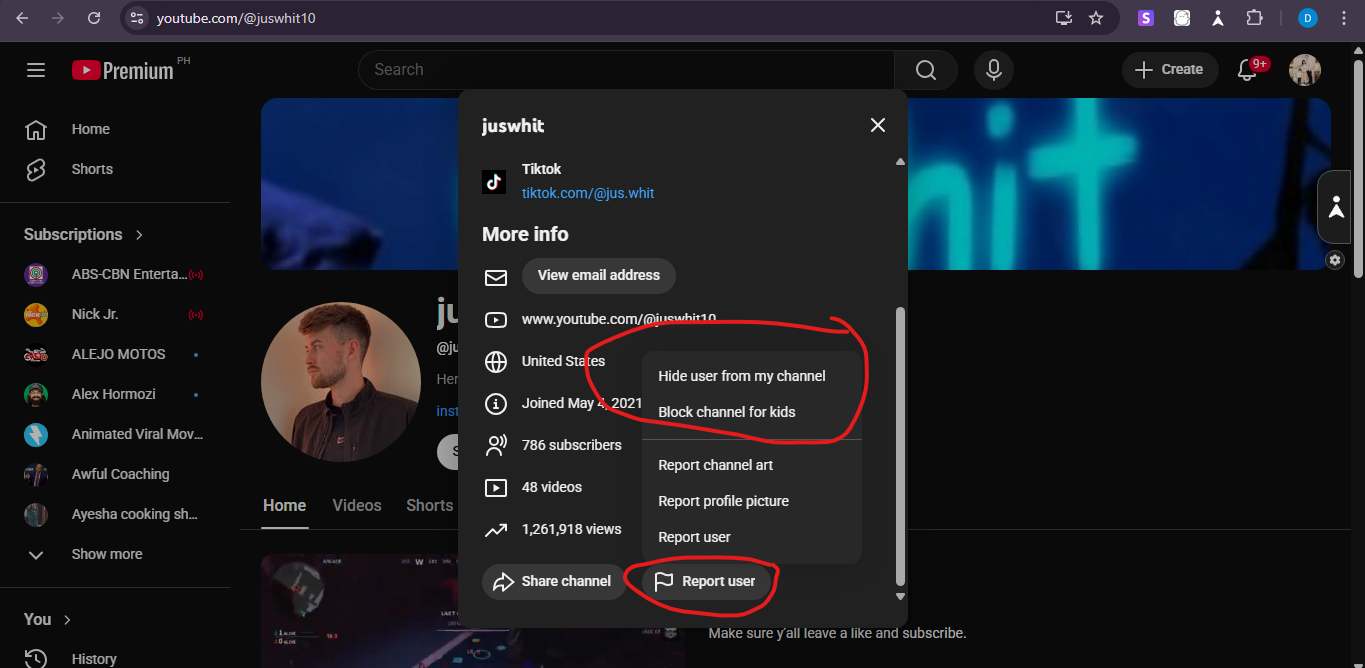 YouTube channel ‘Report user’ panel with options ‘Hide user from my channel’ and ‘Block channel for kids.