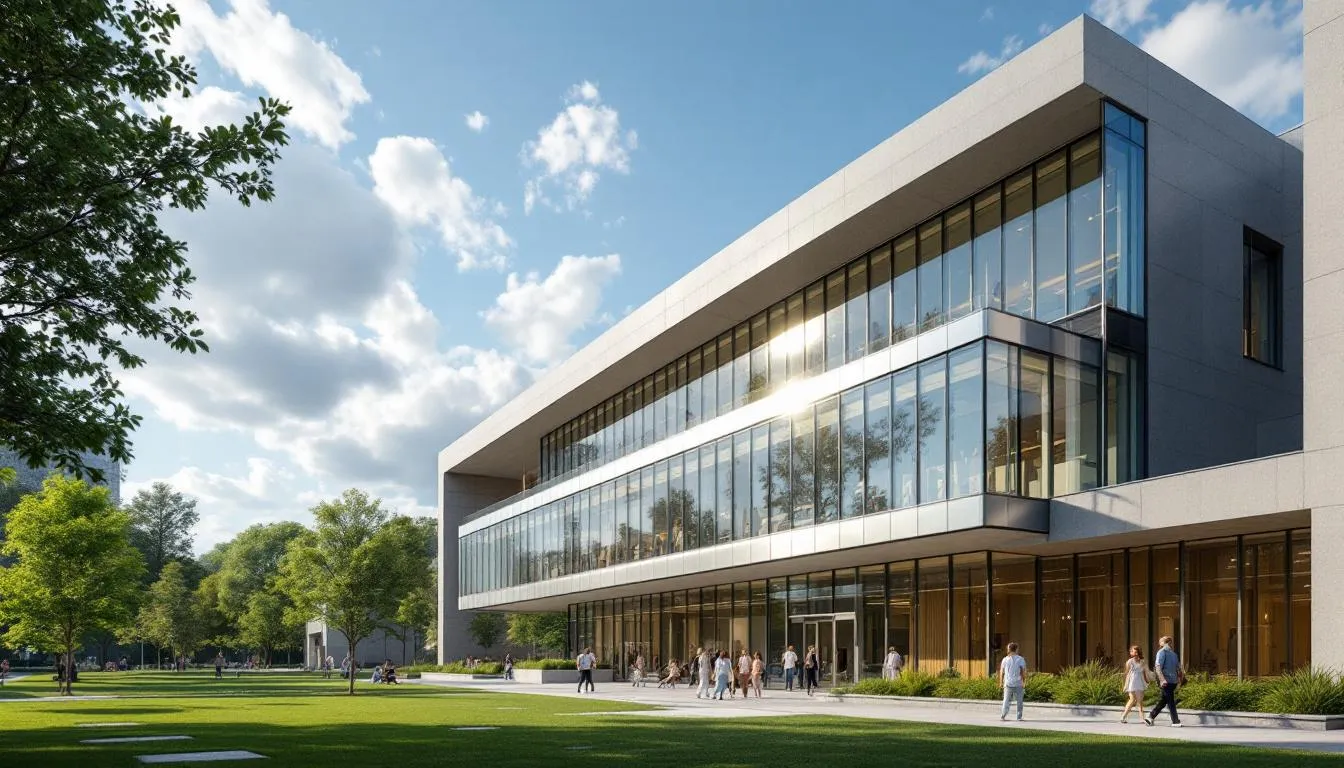 The image depicts a modern university architecture building characterized by sleek glass and steel elements, emphasizing contemporary design. This facility serves as a hub for students pursuing various accredited programs, including bachelor's and master's degrees in architecture and related fields.