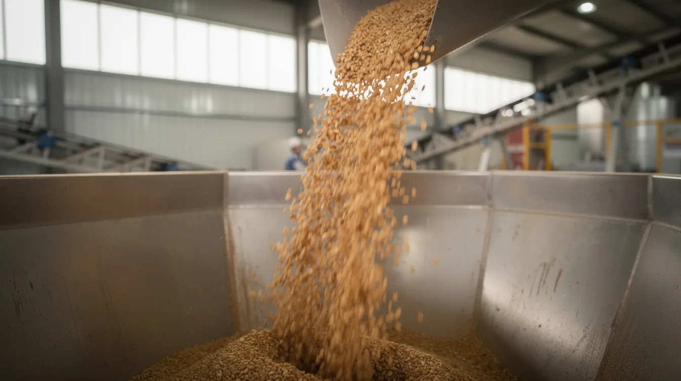 4e8dab6a 16e5 4aed a15e 309d7d211cf3 A close-up view captures wheat grains cascading into a large industrial receiving hopper at a flour milling plant, showcasing the advanced machinery used for processing wheat into flour. This scene highlights the efficiency of the flour mill's operations, essential for producing various products like maida and semolina.