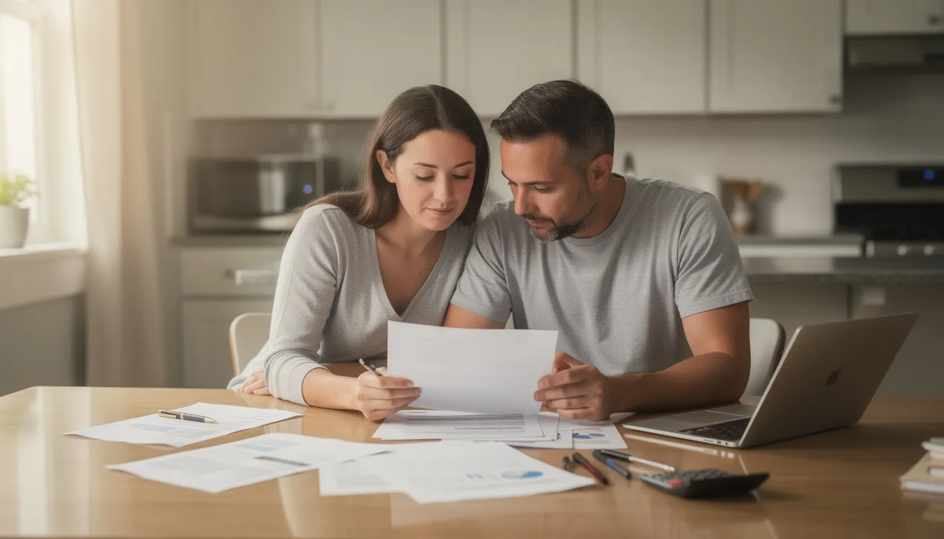 A couple sits together at a kitchen table, reviewing documents related to their federal employees retirement system and social security benefits. They appear focused and engaged as they discuss important information about eligibility for fers disability retirement and social security disability insurance.