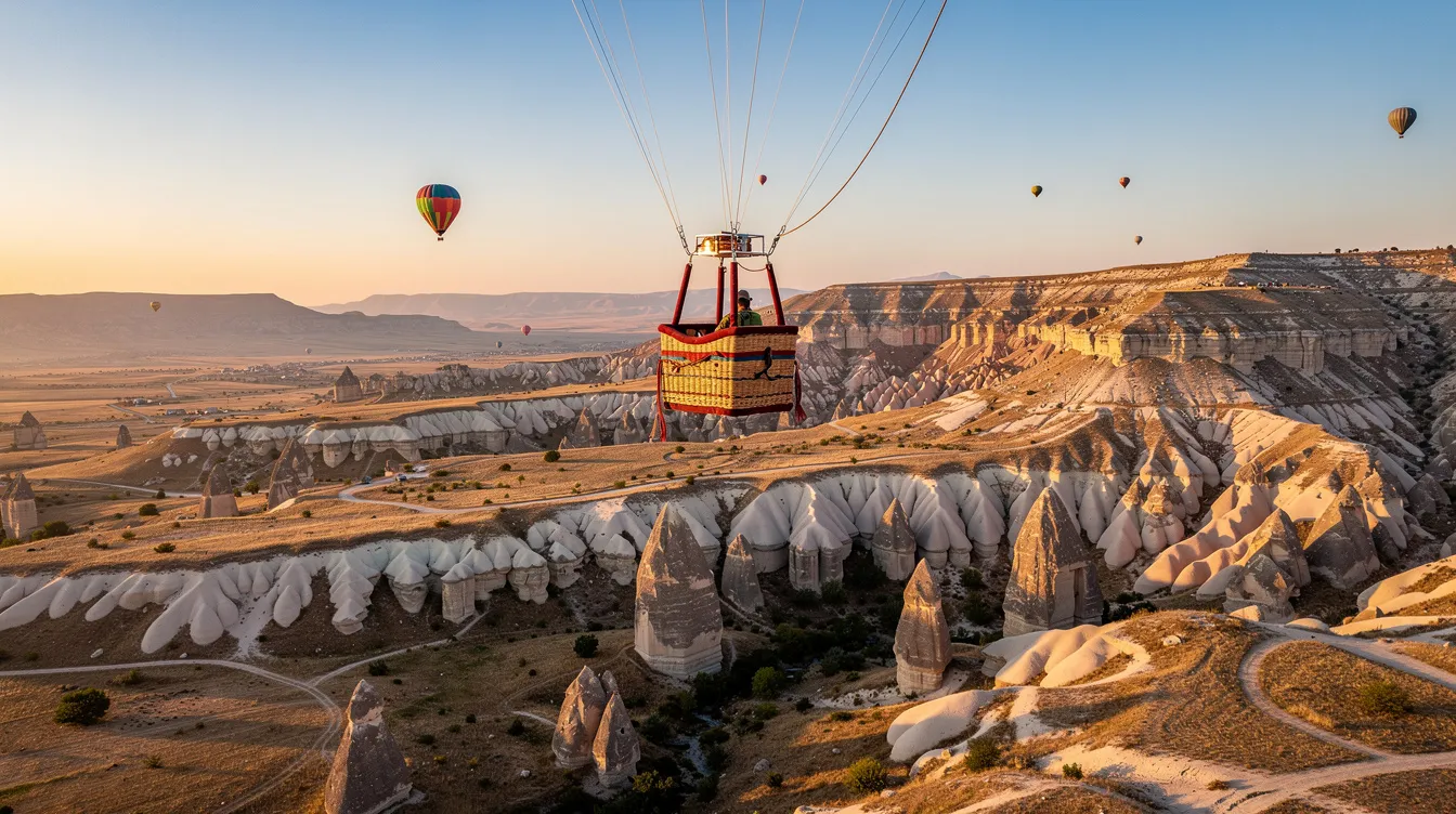 Un globo aerostático vuela majestuosamente sobre las impresionantes formaciones rocosas y valles de Capadocia, ofreciendo a los viajeros vistas espectaculares del paisaje natural. La cesta del globo se eleva en el cielo, brindando una experiencia única de paseo en globo por esta mágica región de Turquía.