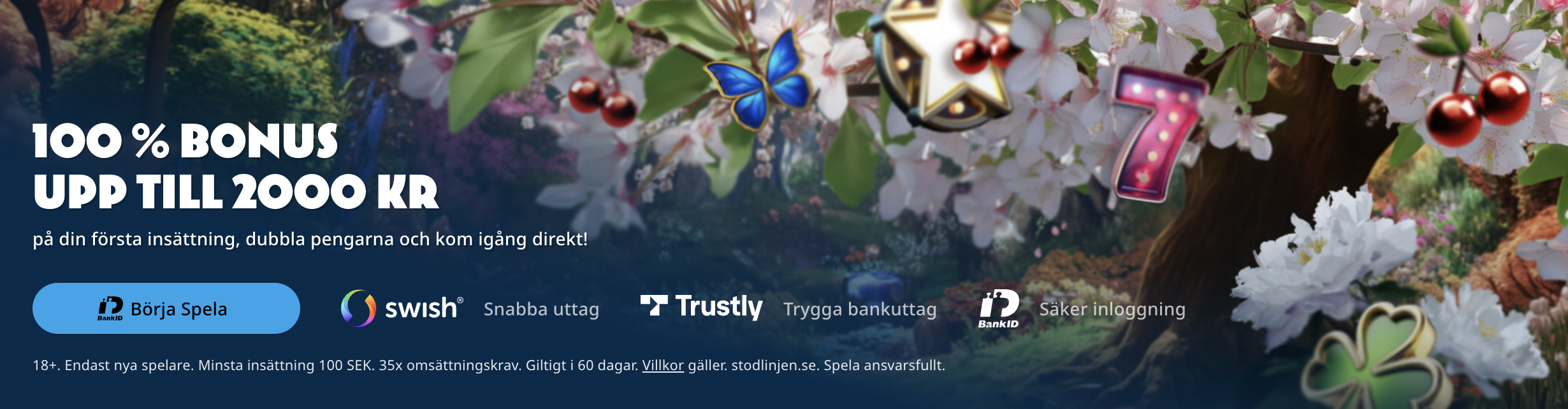 Bonusbanner hos Wunderino Casino som visar välkomstbonus, snabba uttag via Swish och säker inloggning med BankID.