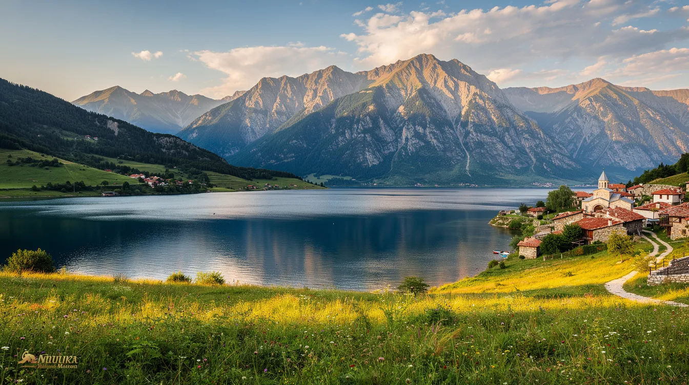 Uma vista deslumbrante da Macedônia no verão, com montanhas verdes ao fundo e um céu azul claro. Esta paisagem destaca a beleza natural da região, que é rica em cultura e história, refletindo a diversidade do país.