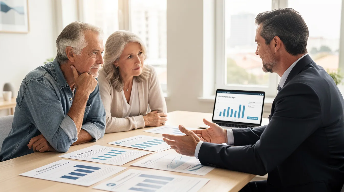 A couple is seated at a table, reviewing retirement documents with a tax advisor, discussing strategies to significantly reduce their taxable income and plan for future tax bills. The advisor is explaining various tax-saving options, including contributions to a retirement plan and the benefits of tax-efficient investing.