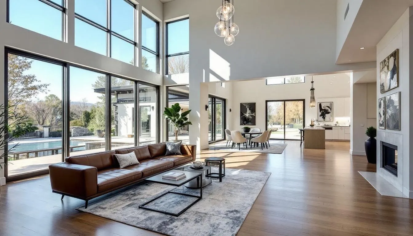 The image showcases a luxurious estate home interior featuring an open floor plan with vaulted ceilings that allow abundant natural light to fill the space. This elegant design creates a welcoming atmosphere, perfect for family gatherings or as a private retreat in Golden Gate Estates, Naples.