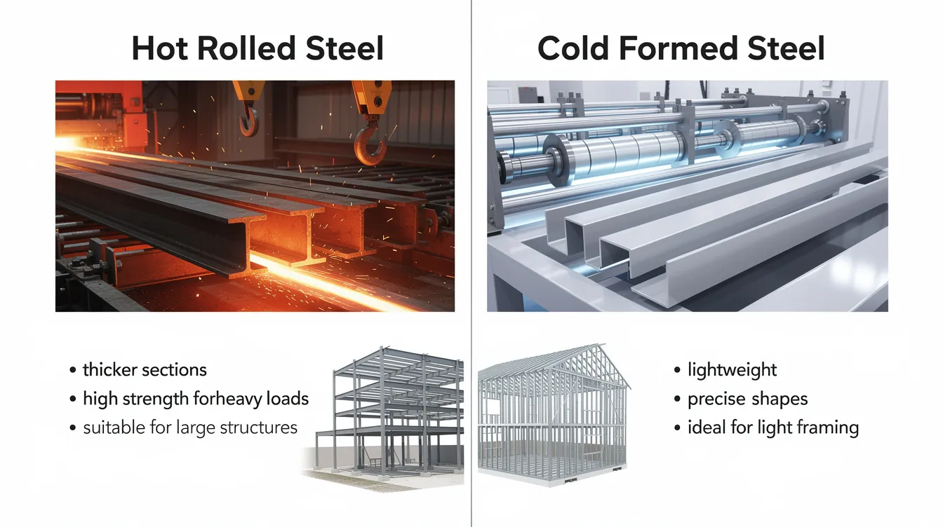 The image illustrates the comparison between hot rolled steel and cold formed steel, highlighting their distinct characteristics and applications in various industries such as construction and automotive. It visually represents the manufacturing processes, including the hot rolling process at high temperatures and cold forming processes near room temperature, emphasizing the differences in surface finish, dimensional accuracy, and overall strength of the two steel types.