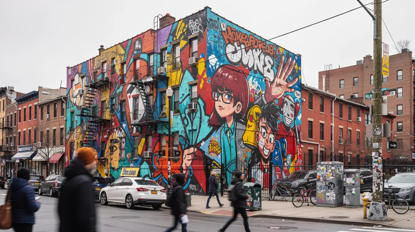 The image features a vibrant street art mural adorning the side of a building in an urban neighborhood, showcasing a mix of colors and artistic designs that reflect the lively spirit of Austin. This mural could be a great backdrop for a date night or a fun outing with friends, capturing the essence of the city's artistic community.