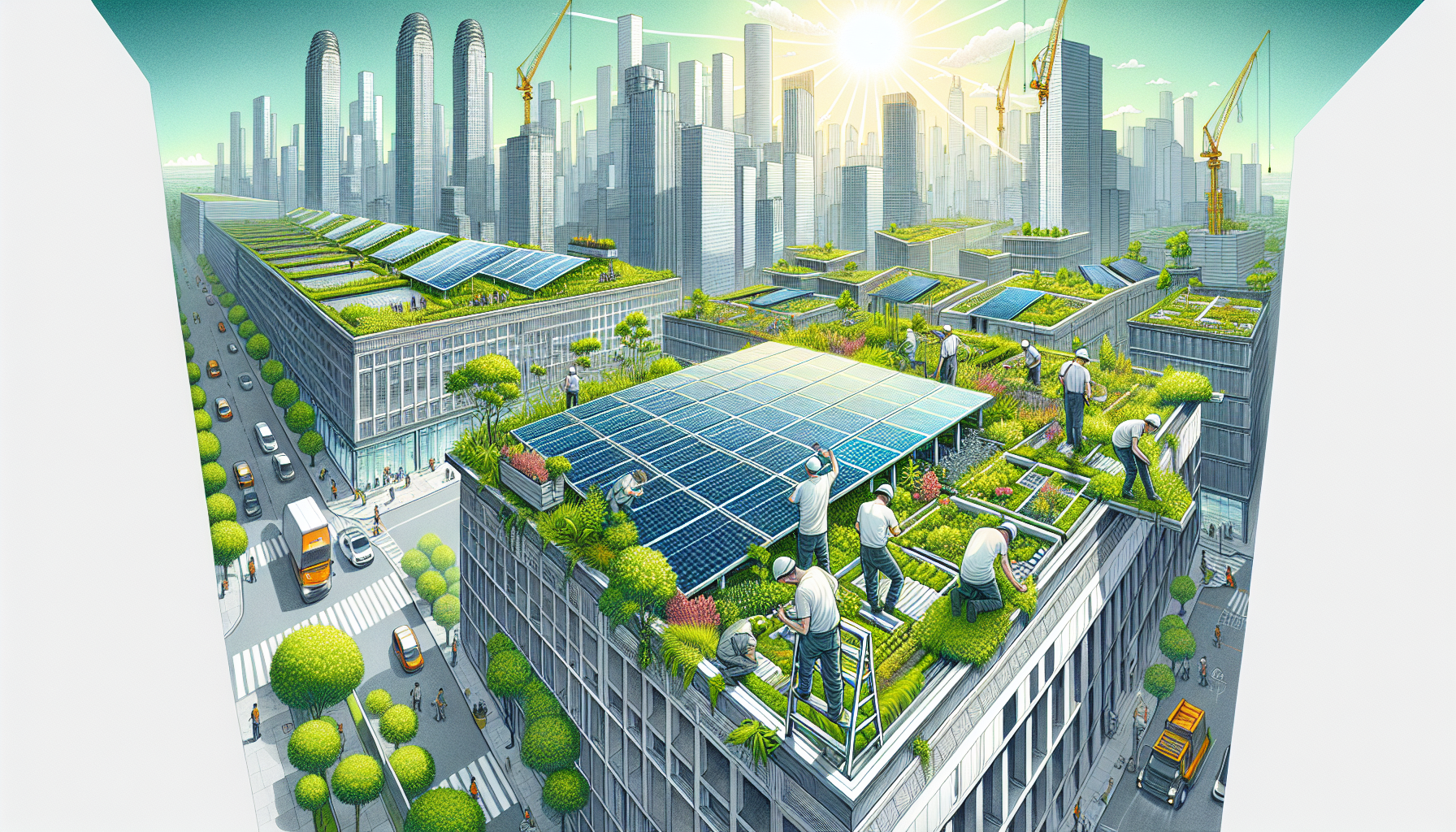 Illustration of solar panels and green roofs