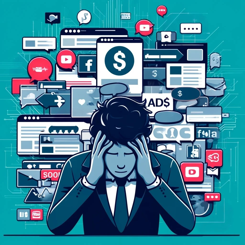 A person overwhelmed by social media ads