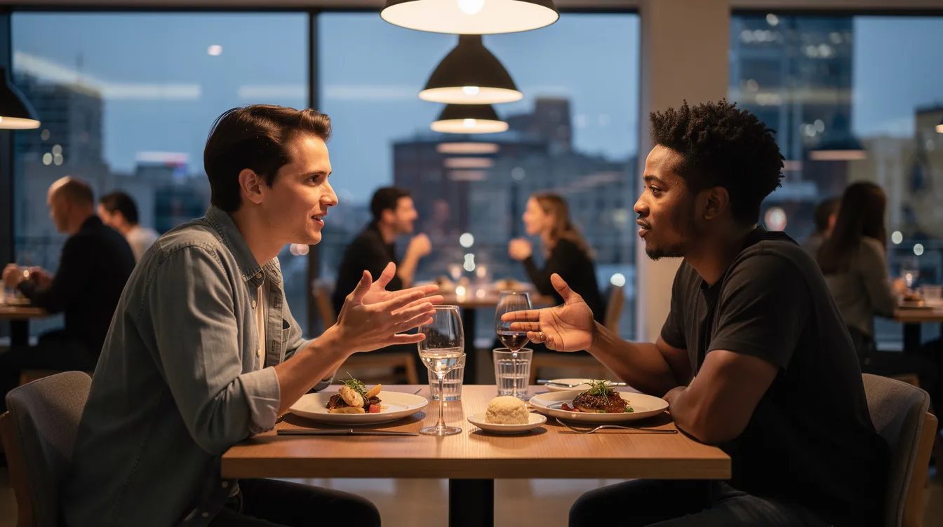 The image shows two people engaged in a lively conversation at a modern restaurant, creating a warm atmosphere that fosters genuine connections. This scene reflects the essence of real-life interactions that dating apps aim to replicate, helping users find their perfect match in the dating pool.