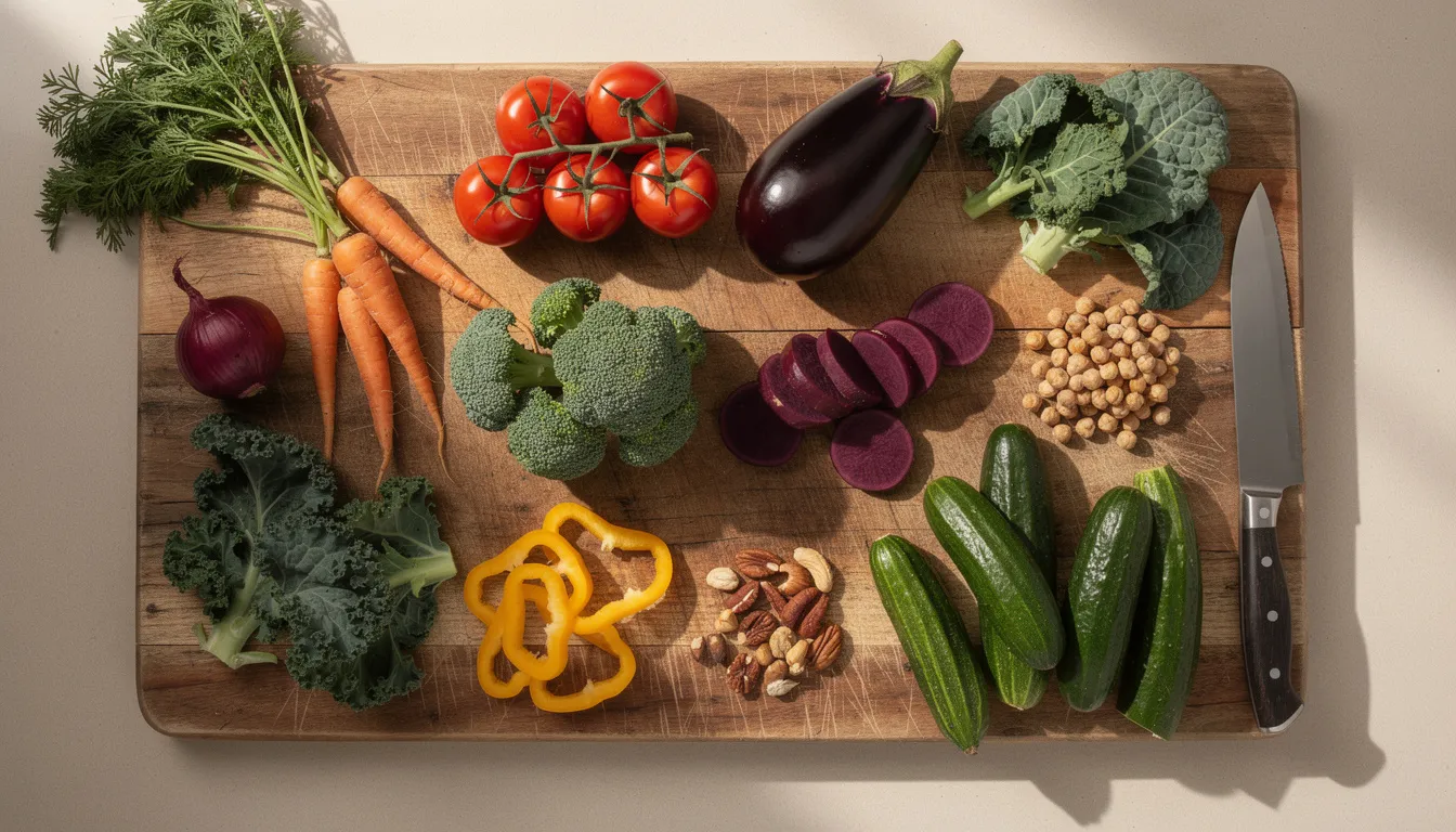 The image features a vibrant arrangement of various colorful vegetables and whole foods displayed on a wooden cutting board, emphasizing the importance of a healthy diet for metabolic health and energy production. This visual representation can complement discussions about taking NMN supplements and their potential benefits for aging and overall well-being.