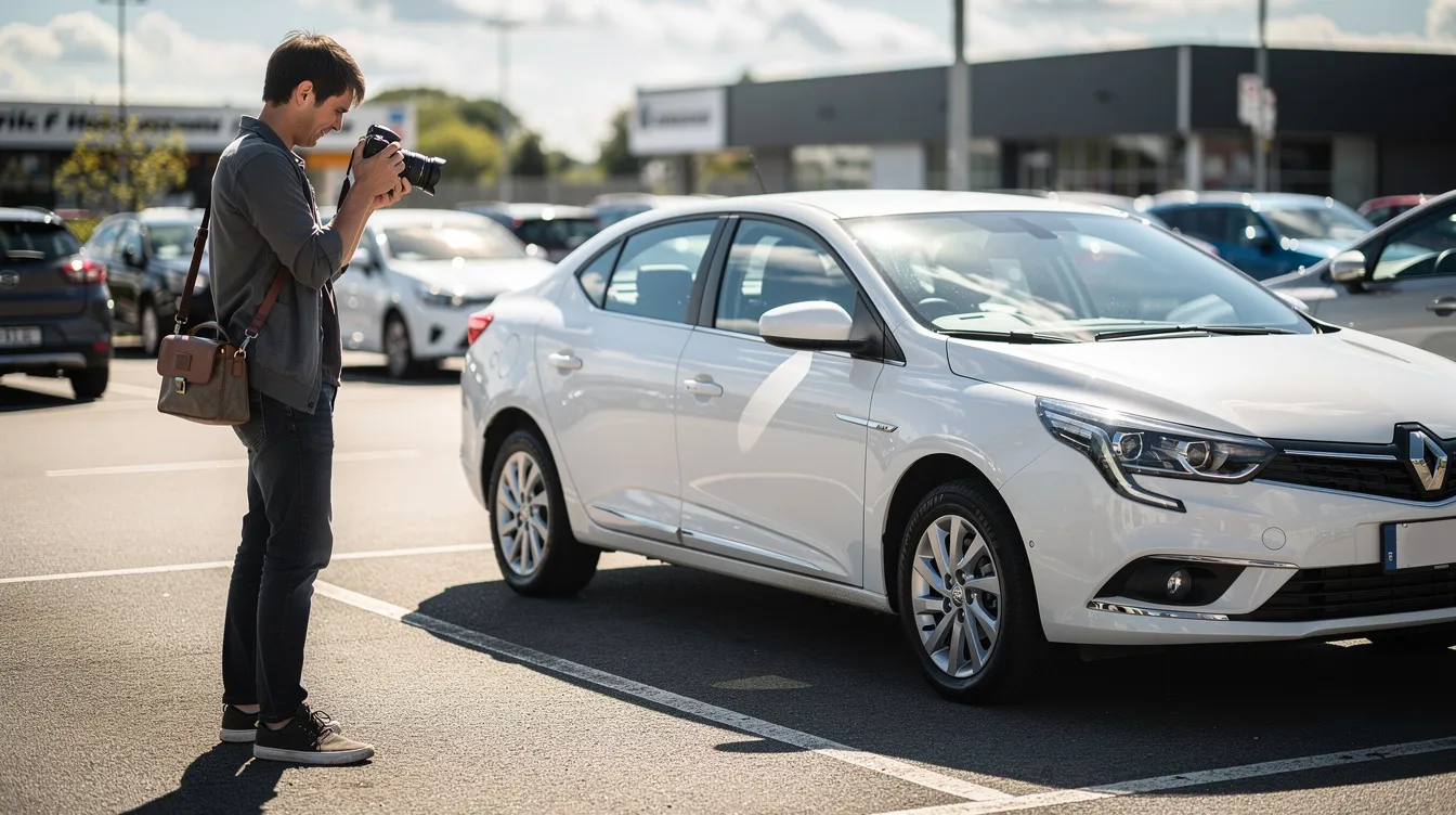 Une personne prend en photo l'extérieur d'une voiture de location blanche garée dans un parking ensoleillé, illustrant ainsi les options de location de voiture à Casablanca. Cette image évoque la simplicité et la qualité des services de location sans caution pour les voyageurs.