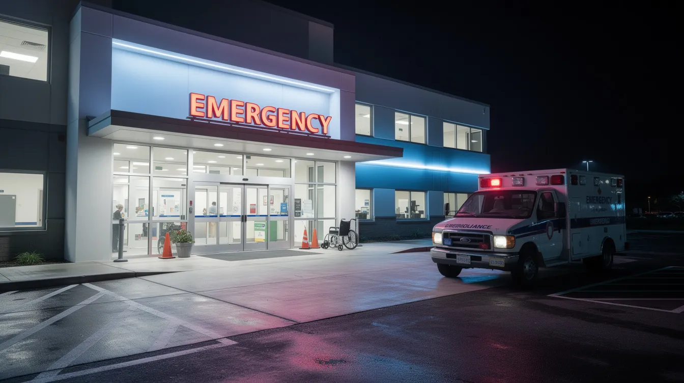 The image shows the entrance of a hospital emergency room lit up at night, with an ambulance parked outside, indicating the urgency of emergency care. This scene highlights the critical role of medical professionals in providing timely treatment and the importance of addressing emergency room negligence and malpractice cases.