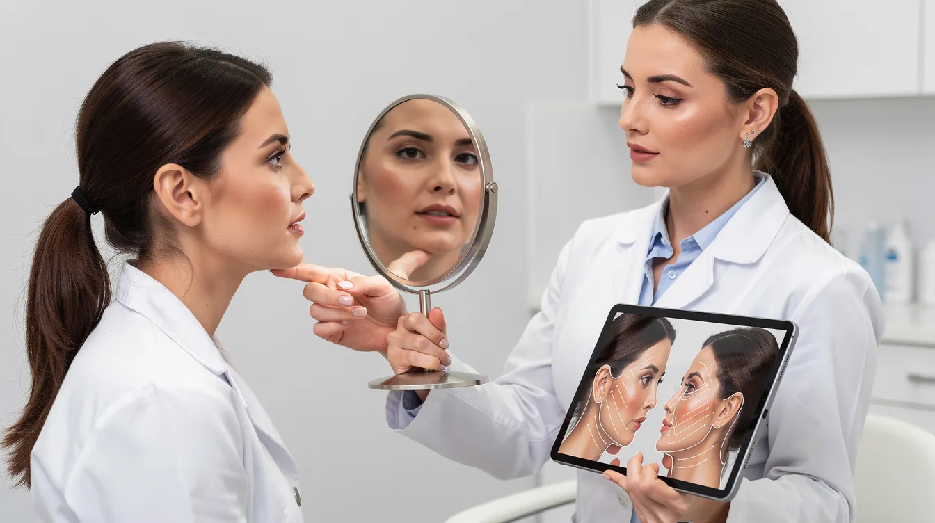 The image depicts a patient consultation for facial contouring assessment, focusing on the chin area and jawline. The discussion likely involves options for chin liposuction to address stubborn fat deposits and enhance jawline definition, ensuring realistic expectations for a sculpted appearance.
