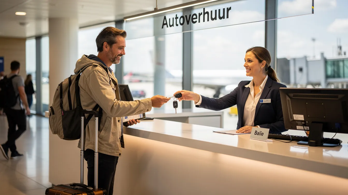 Een reiziger ontvangt de sleutels van een huurauto bij de balie op de luchthaven van Nador. De balie is druk bezocht en biedt verschillende opties voor autoverhuur, waaronder populaire huurauto's voor het verkennen van de adembenemende uitzichten langs de Middellandse Zee.