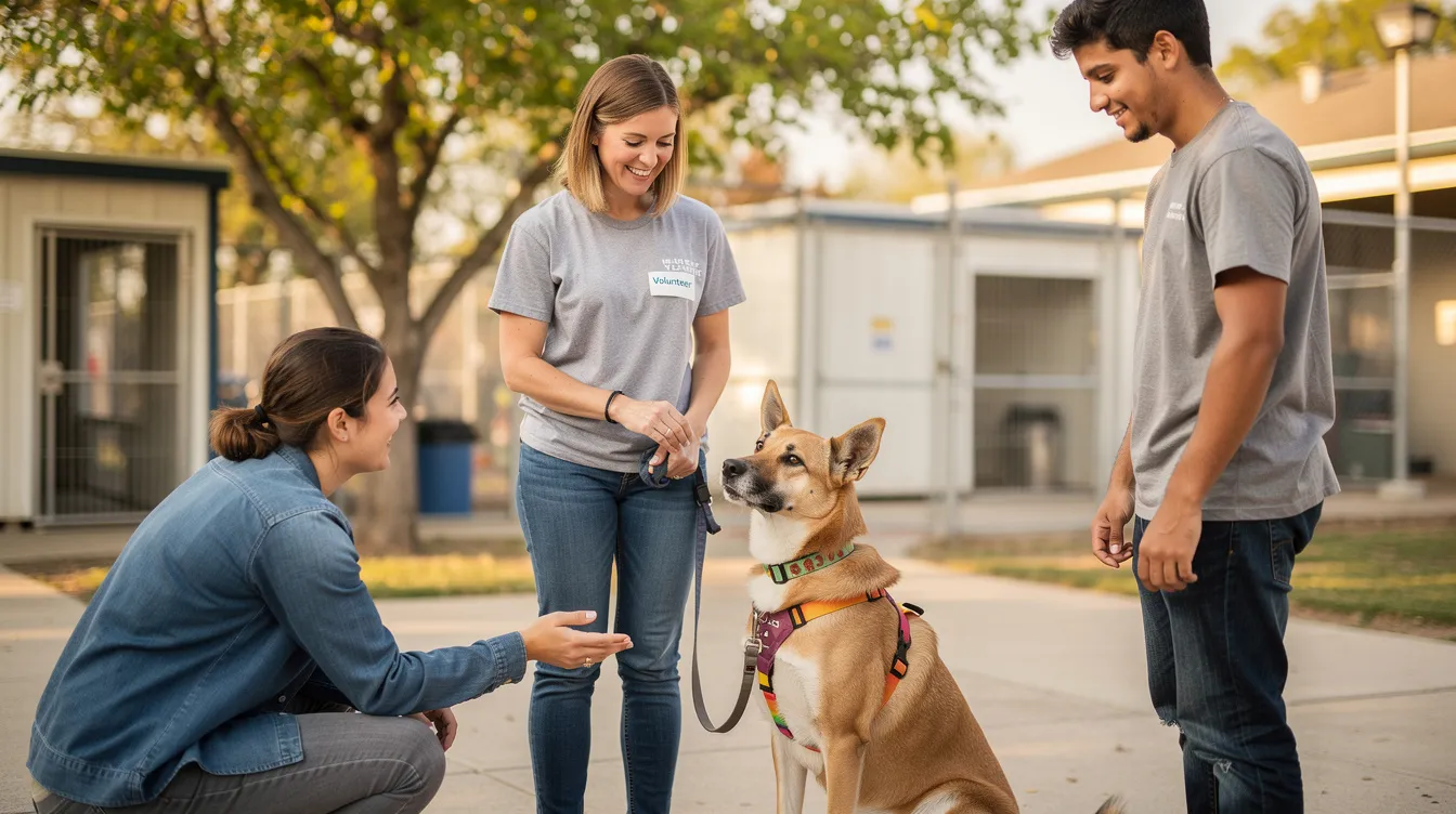 Ein Tierheimmitarbeiter stellt im Freien einem potenziellen Adoptanten einen mittelgroßen Hund vor, zeigt die verspielte Natur des pelzigen Freundes und lädt die Familie ein, Zeit mit diesem treuen Begleiter zu verbringen. Die Szene verdeutlicht die Freude an der Adoption eines Hundes und betont die Bedeutung, diesen Tieren eine zweite Chance im Leben in einem liebevollen Zuhause zu geben.