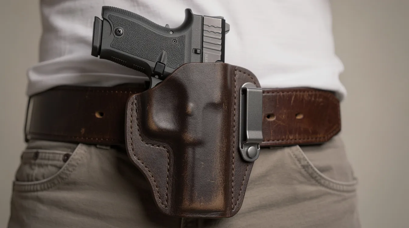 The image depicts a leather holster attached to a belt, with a handgun securely clipped inside, illustrating the concept of concealed carry. This setup highlights the importance of proper firearm storage and adherence to state law regarding carrying a loaded firearm in public places.