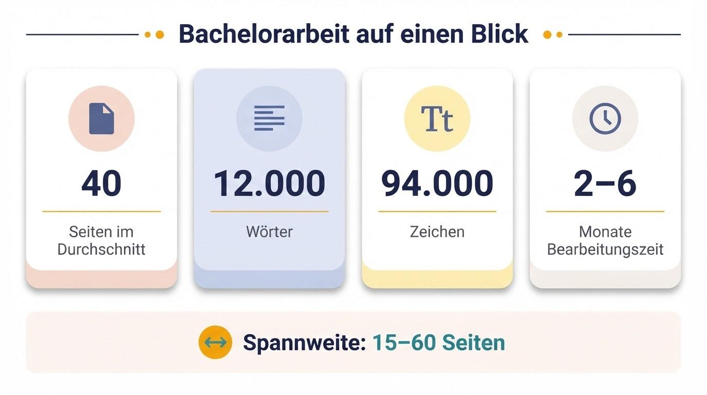 Bachelorarbeit auf einen Blick: 40 Seiten im Durchschnitt, 12.000 Wörter, 94.000 Zeichen mit Leerzeichen, Bearbeitungszeit von 2 bis 6 Monaten – Spannweite der Seitenzahl liegt zwischen 15 und 60 Seiten