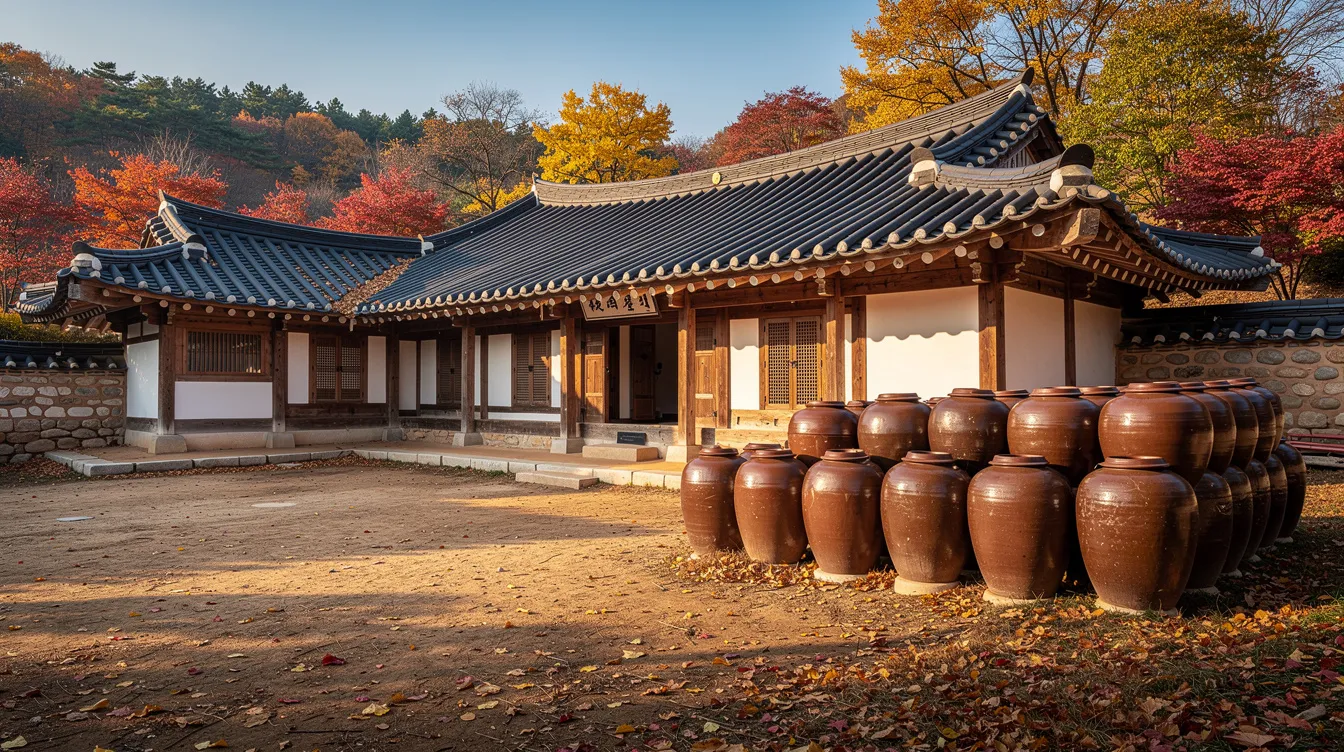 The image depicts a traditional Korean farmhouse surrounded by vibrant autumn foliage, with several clay fermentation jars arranged in the courtyard.