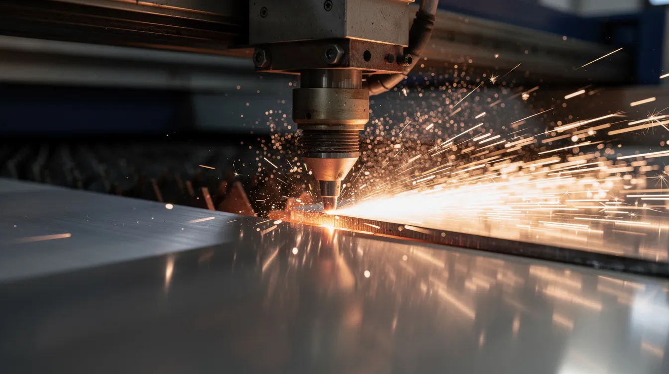 The image shows a close-up of a fiber laser cutting machine in action, slicing through a stainless steel sheet while bright sparks fly, illustrating the advanced technology used in precision sheet metal fabrication. This scene captures the production process of high-quality sheet metal parts, highlighting the importance of quality control and dimensional accuracy in metal fabrication.