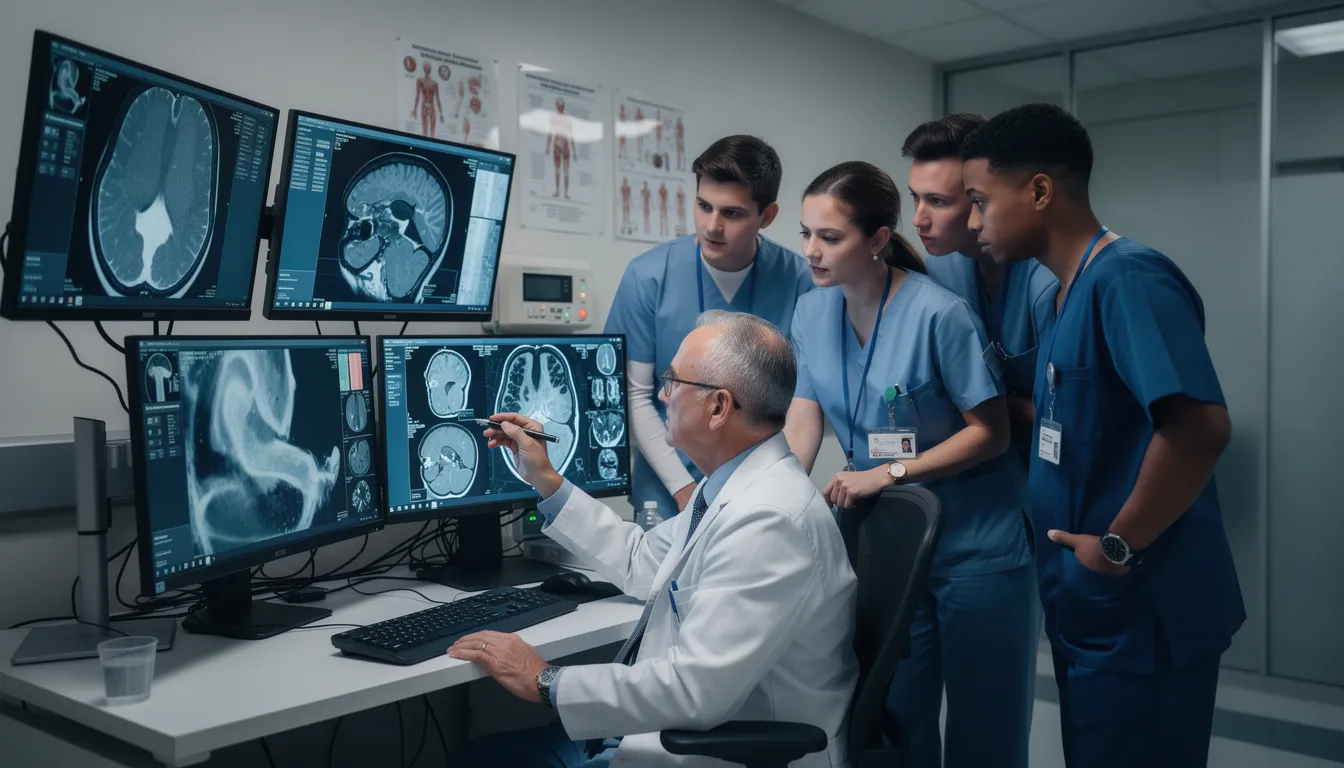 A healthcare team is gathered around computer screens, analyzing diagnostic images related to pelvic floor disorders such as pelvic organ prolapse and urinary incontinence. They are discussing treatment options, including surgical mesh procedures and potential complications like mesh erosion and exposure.