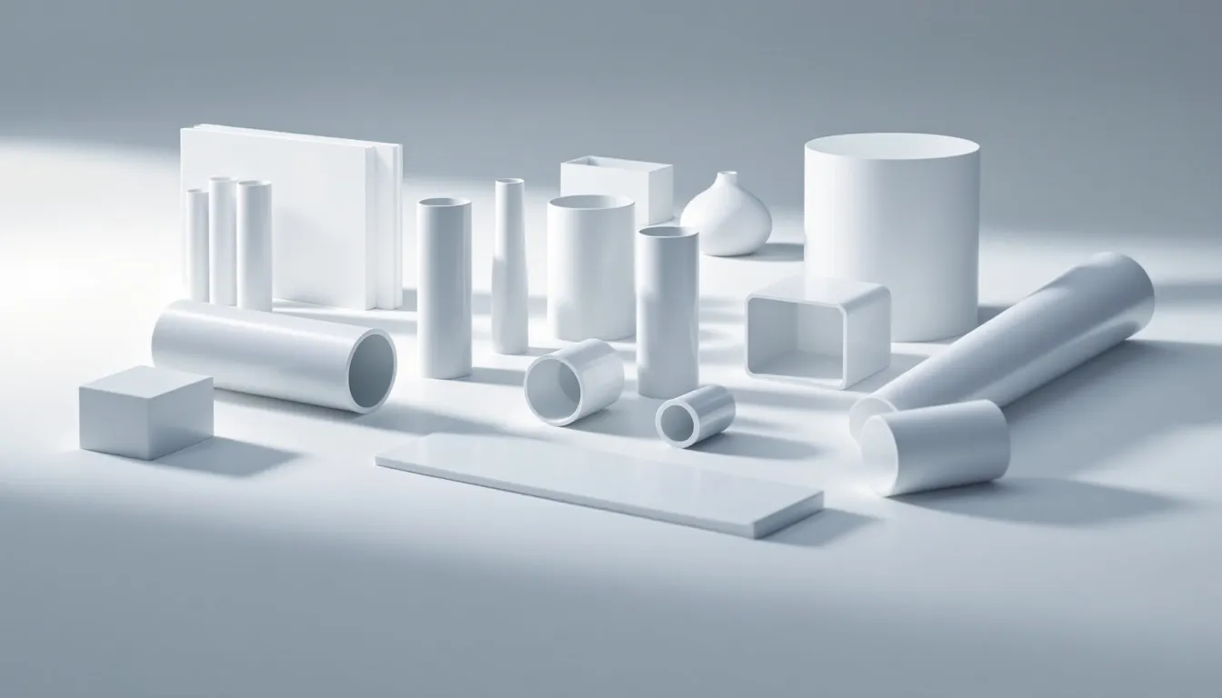Different types of extruded plastic shapes including pipes and sheets.