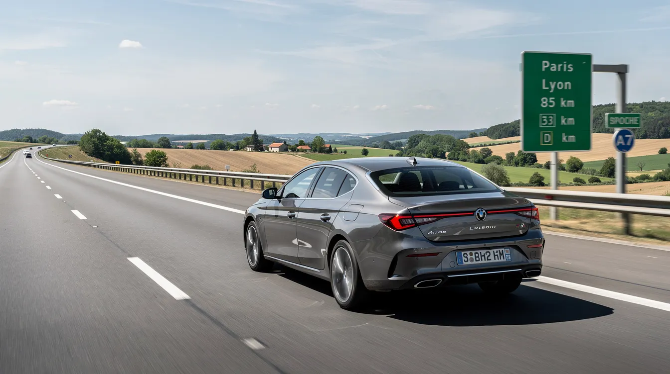 Une voiture moderne roule sur une autoroute française, entourée de paysages verdoyants entre deux villes. Ce trajet illustre le processus de location de véhicule, avec des possibilités d'aller simple et des frais d'abandon à considérer lors de la planification d'un voyage.