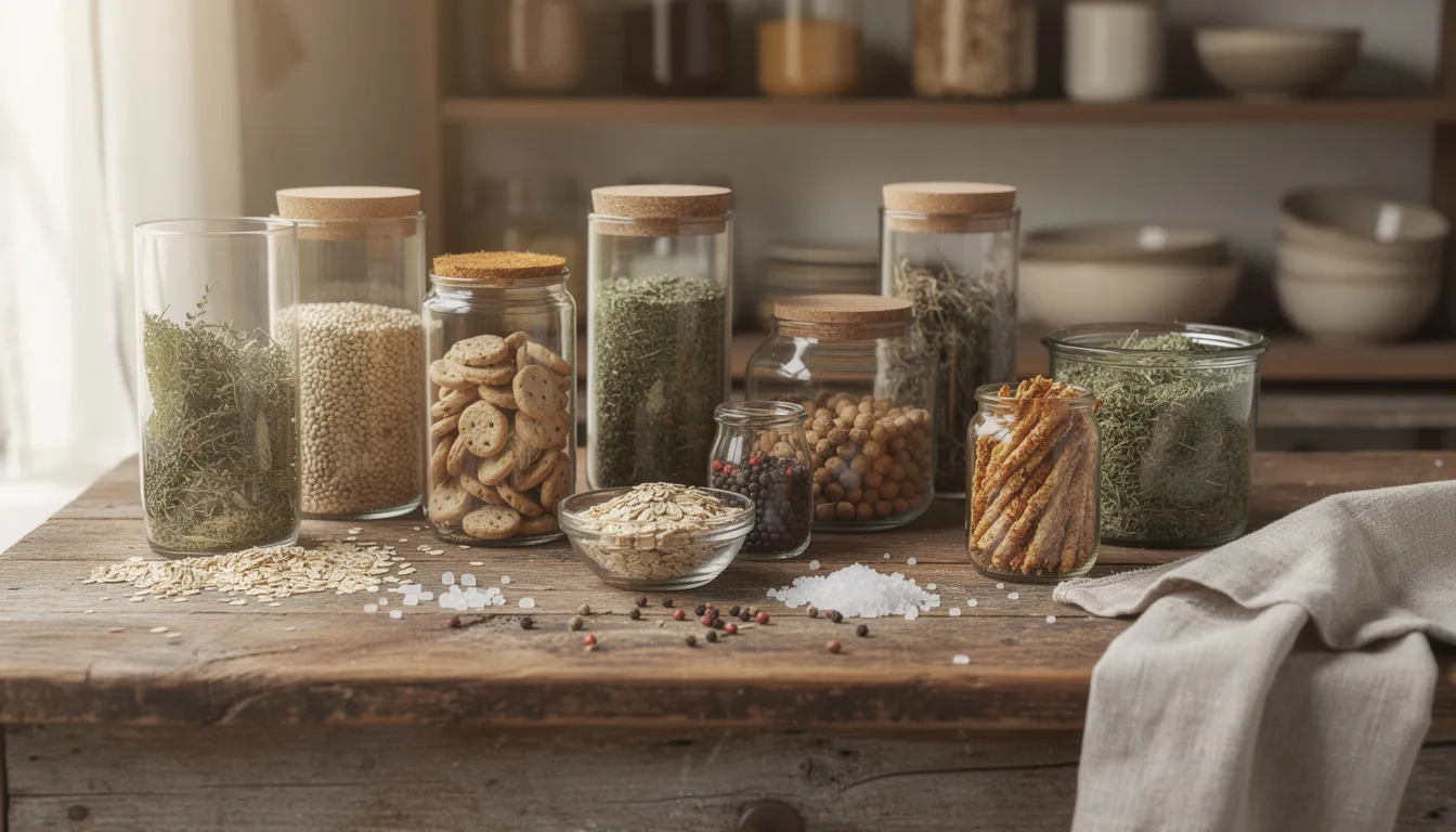 The image depicts a rustic kitchen workspace featuring an array of glass jars filled with natural ingredients such as coconut oil, shea butter, and essential oils, all placed on a wooden surface. This inviting setup suggests a focus on skin care, highlighting the use of wholesome products like lard and tallow for creating moisturizing lotions and creams suitable for various skin types.